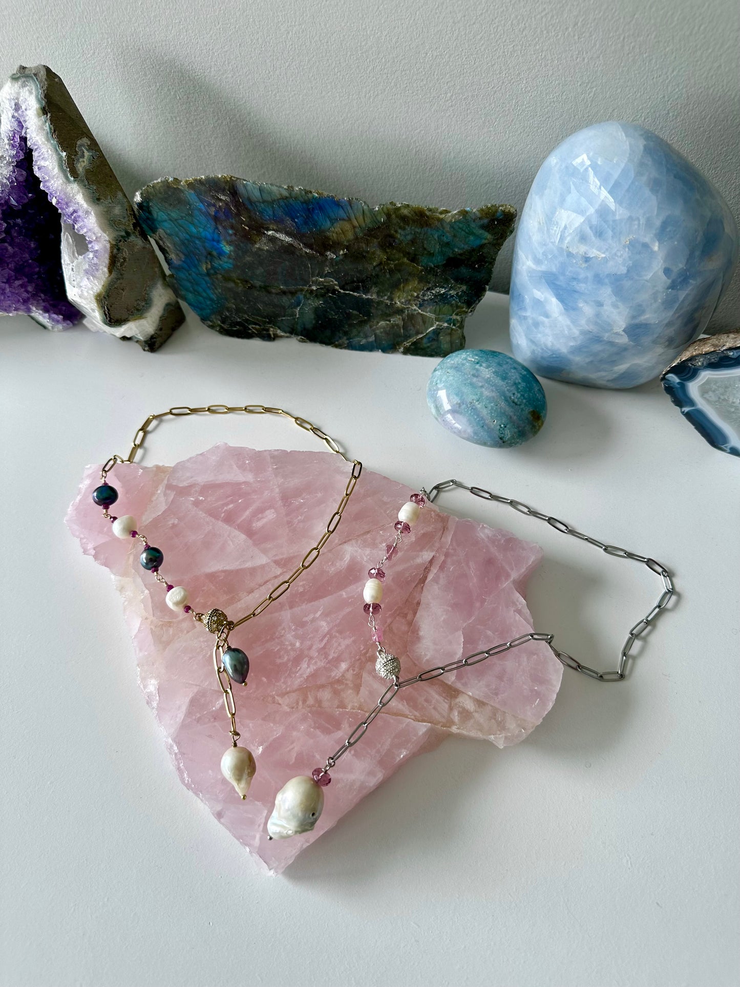 Lulu - Cascading Pearl and Gemstone Paperclip Chain Lariat Necklace