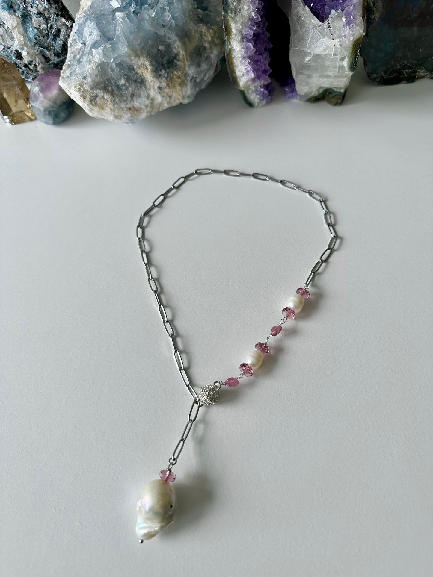 Lulu - Cascading Pearl and Gemstone Paperclip Chain Lariat Necklace