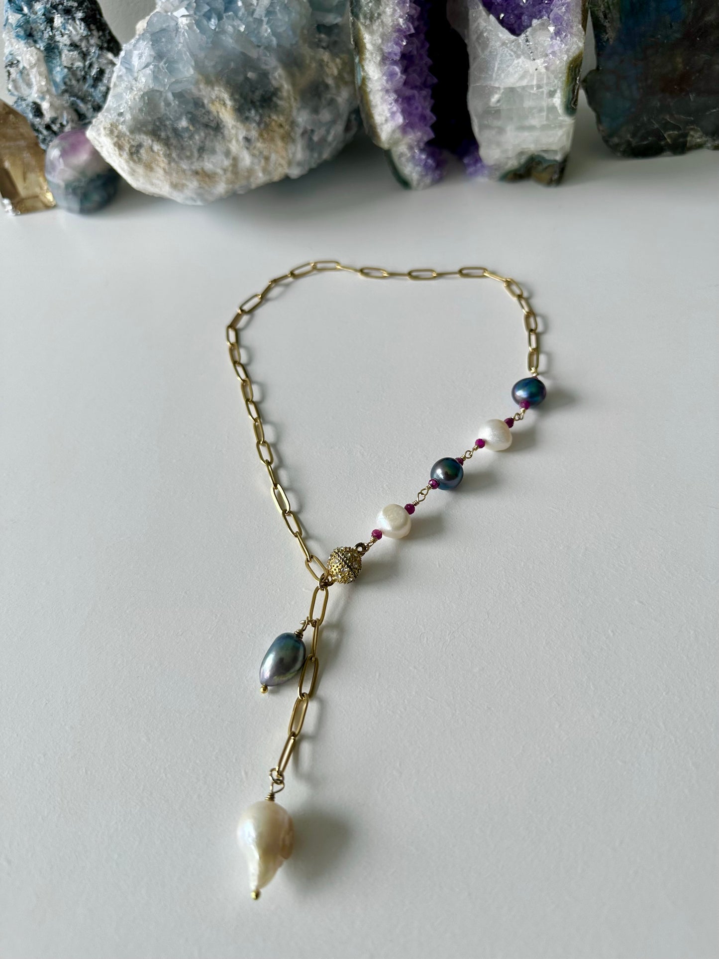 Lulu - Cascading Pearl and Gemstone Paperclip Chain Lariat Necklace