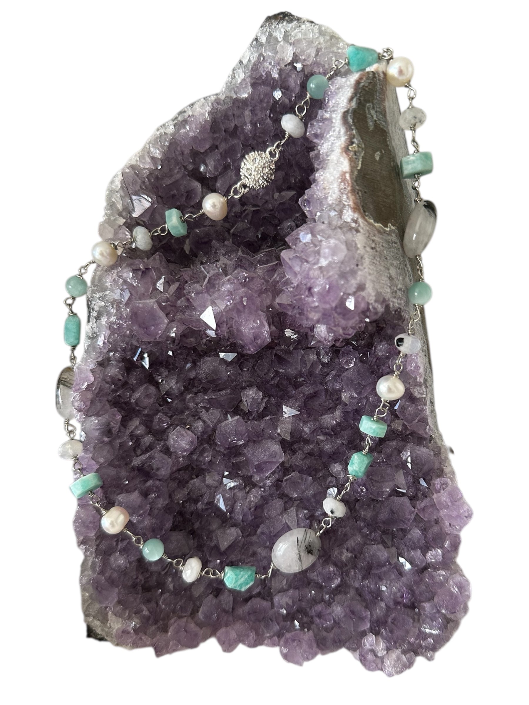 Naxos Gemstone Necklace - Black Rutilated Quartz, Amazonite, Freshwater Pearl and Moonstone | Handmade Jewelry