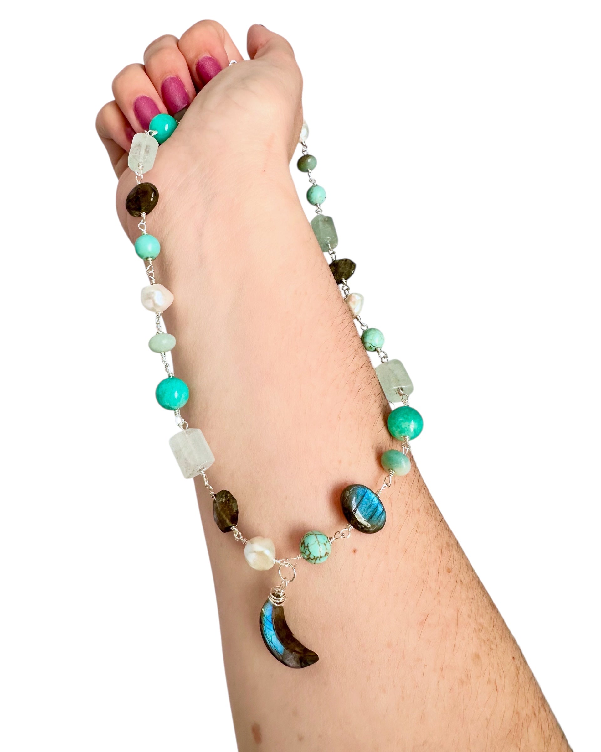 Kaia Gemstone Necklace - Labradorite, Aquamarine, Amazonite, Freshwater Pearl and Turquoise | Handmade Jewelry