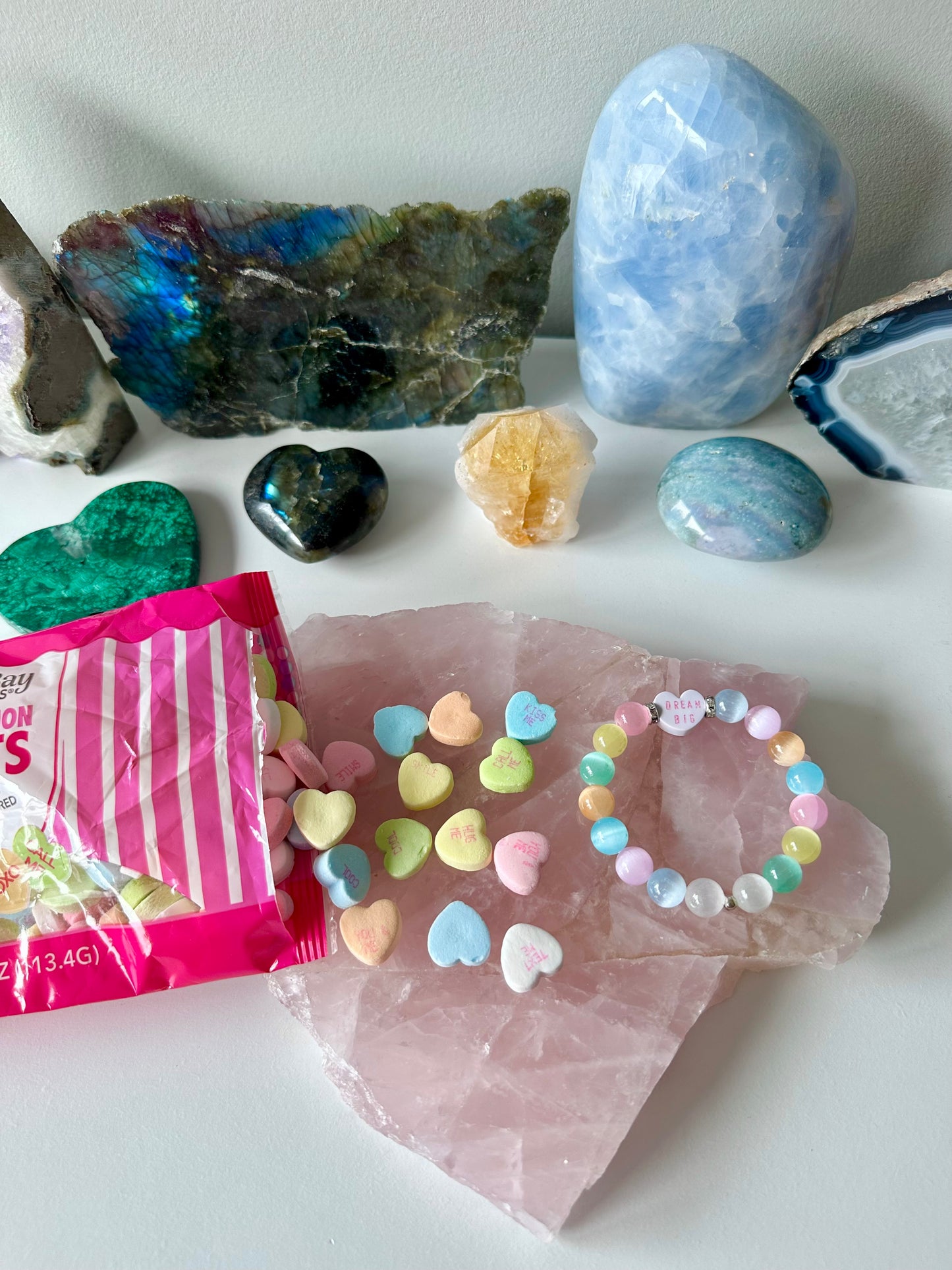 Candy Hearts - Valentine’s Day Candy Hearts and Selenite Gemstone Bracelets