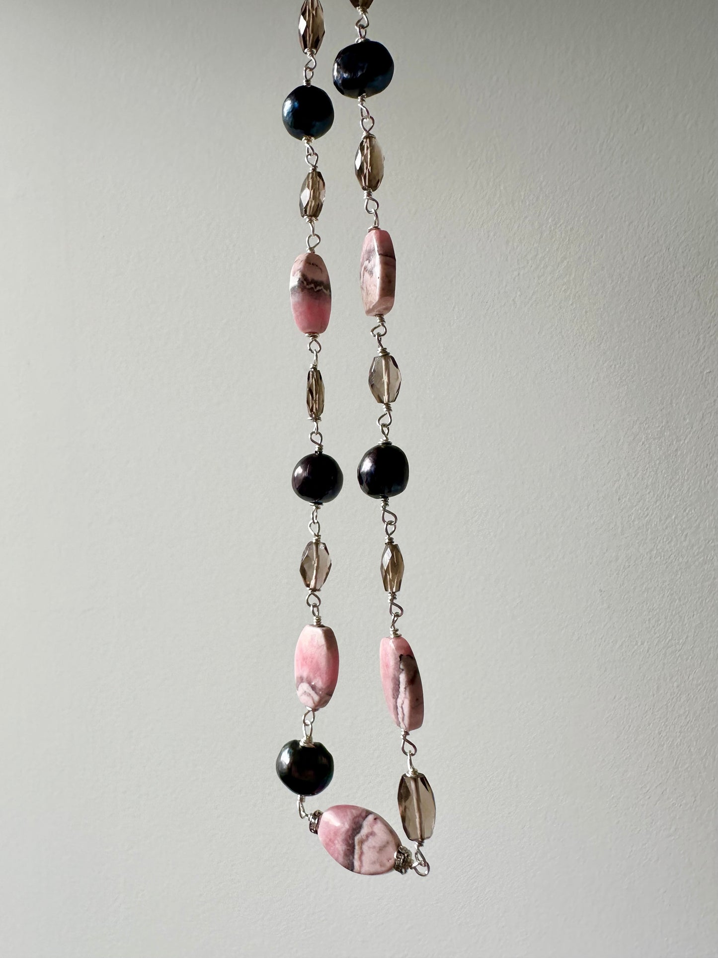 Heather - Rhodochrosite, Black Pearl and Smoky Quartz Gemstone Necklace