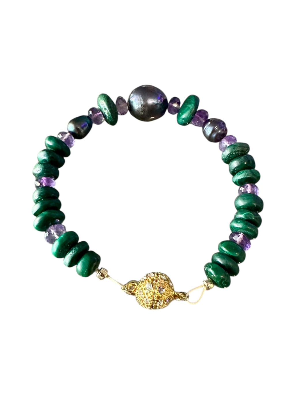 Maeve Gemstone Bracelet - Tahitian Black Pearl, Amethyst and Malachite | Handmade Jewelry