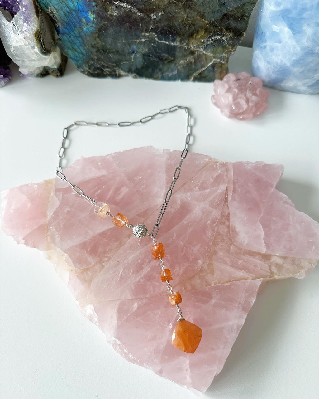 Nora - Cascading Sunstone Gemstone Paperclip Chain Lariat Necklace