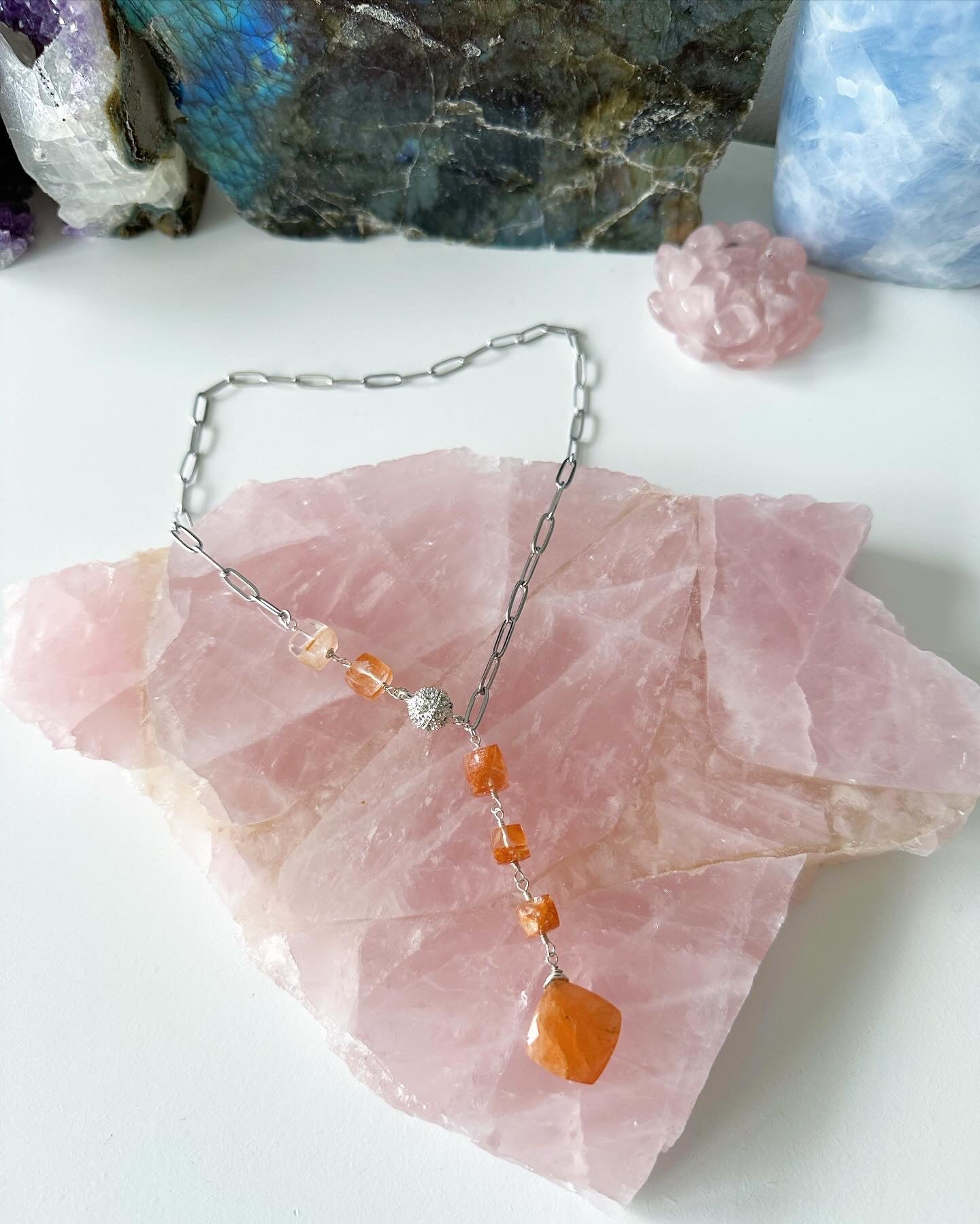 Nora - Cascading Sunstone Gemstone Paperclip Chain Lariat Necklace