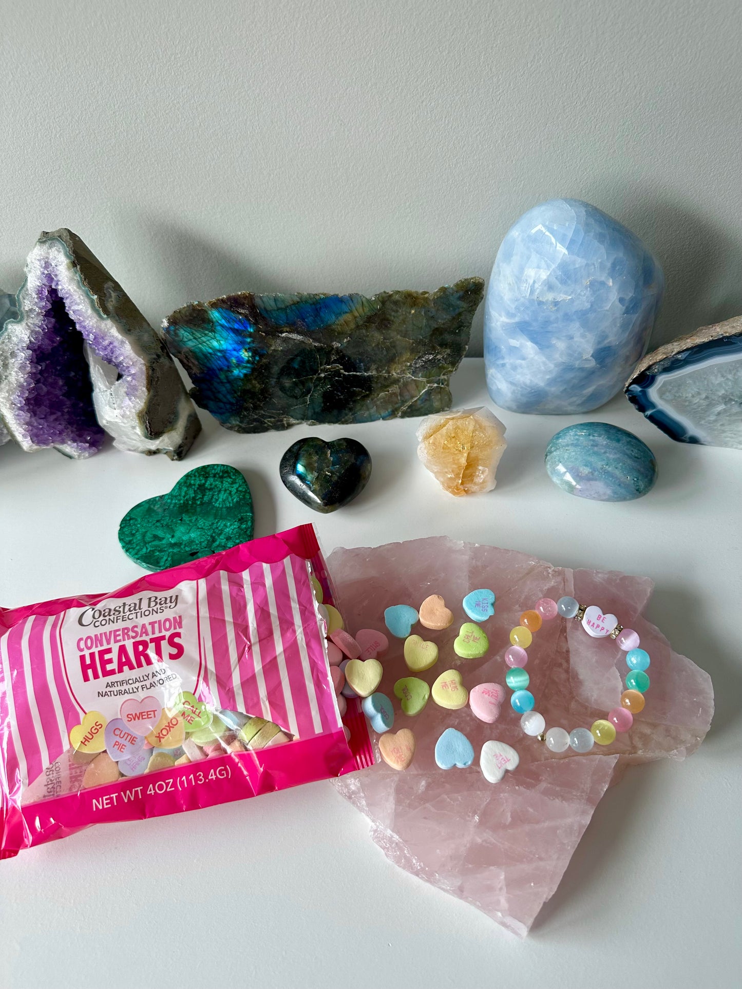 Candy Hearts - Valentine’s Day Candy Hearts and Selenite Gemstone Bracelets