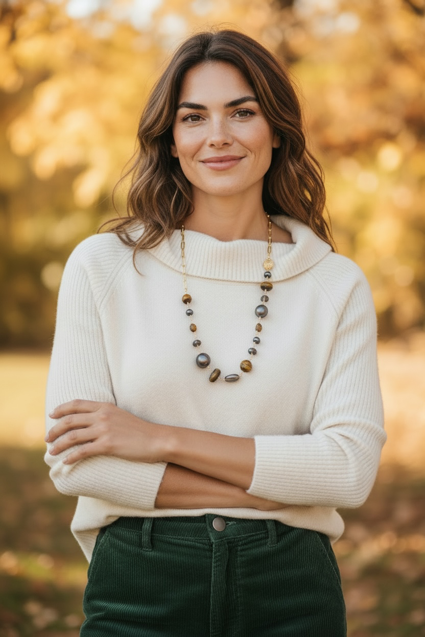 Golden Dusk — Tiger’s Eye, Pearl & Smoky Quartz Necklace