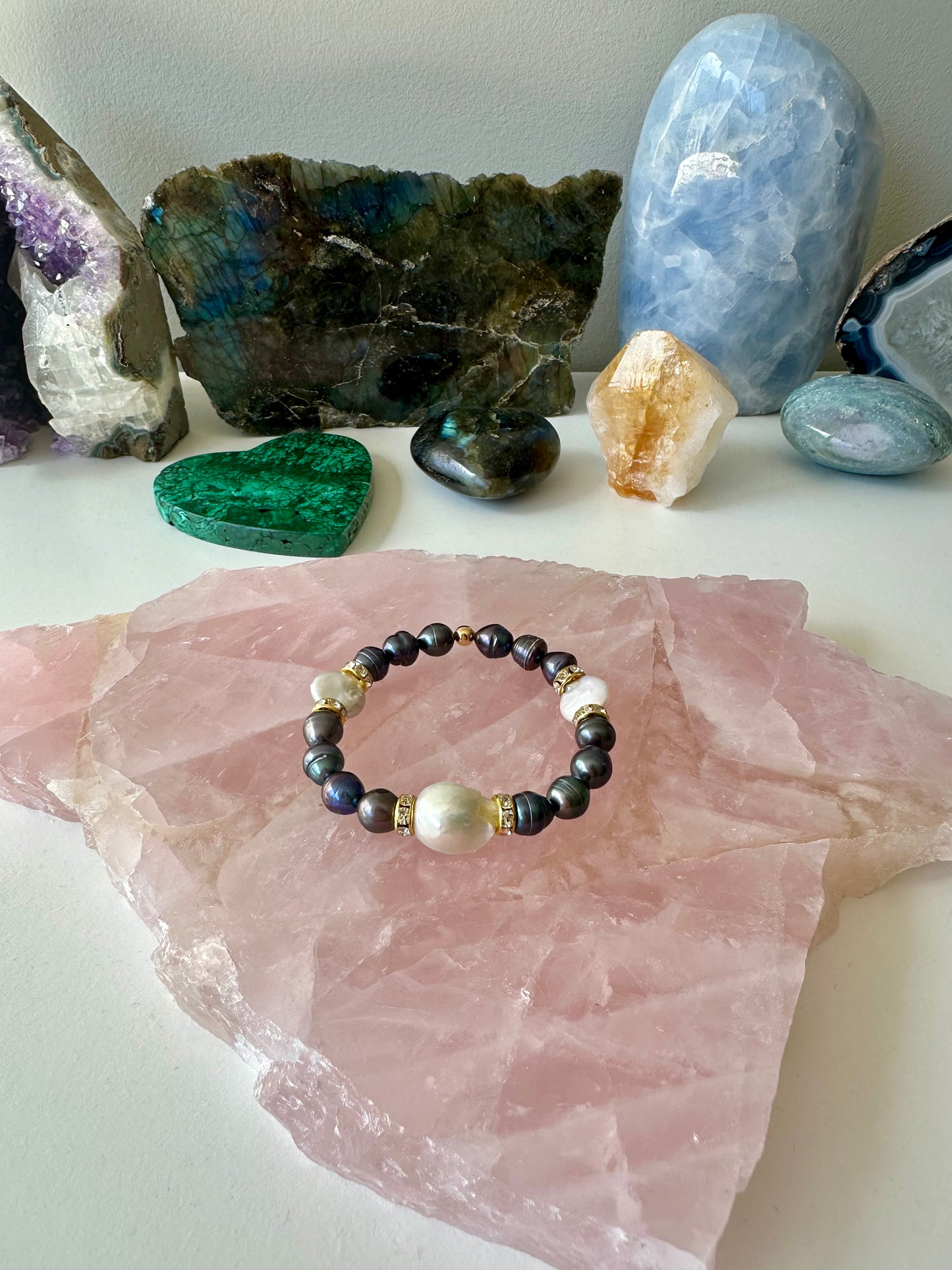 Hailey - Baroque Pearl, Rose Quartz, Chrysoprase and Black Pearl Gemstone Bracelets