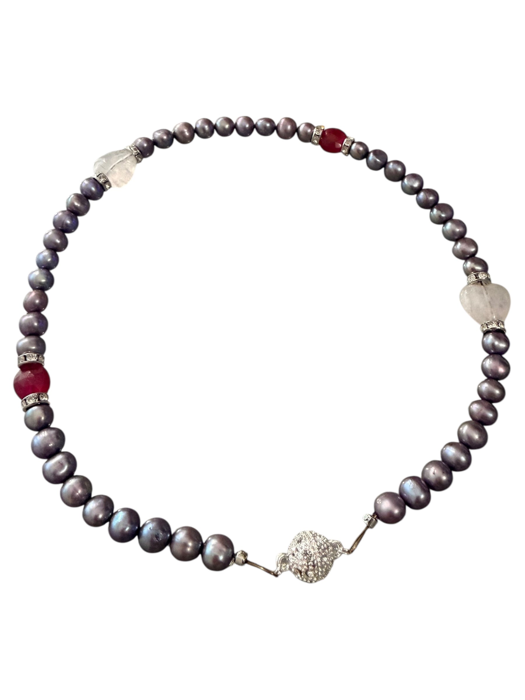 Sweetheart Gemstone Necklace - Rose Quartz Hearts, Ruby and Purple Freshwater Pearls | Limited Edition Valentine’s Jewelry | Love, Passion and Wisdom