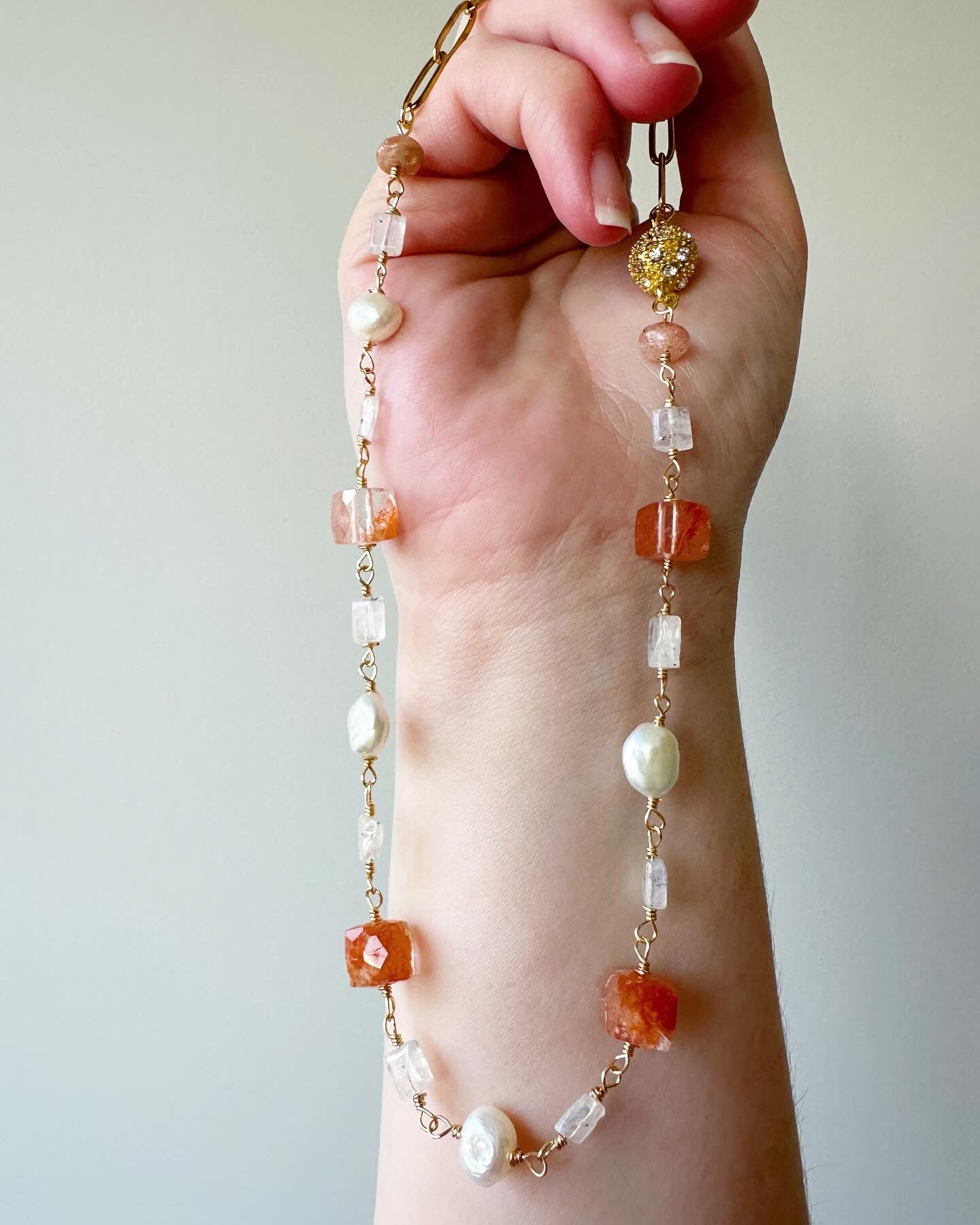 Reese - Sunstone, Moonstone and Freshwater Pearl Gemstone Paperclip Chain Necklace