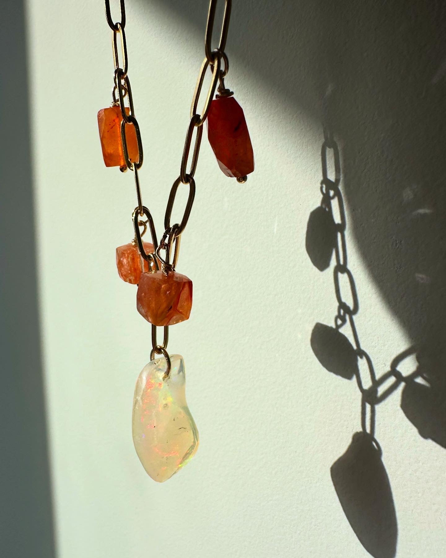 Red Hots - Mexican Fire Opal, Sunstone, Carnelian and Freshwater Pearl Gemstone Paperclip Chain Necklaces