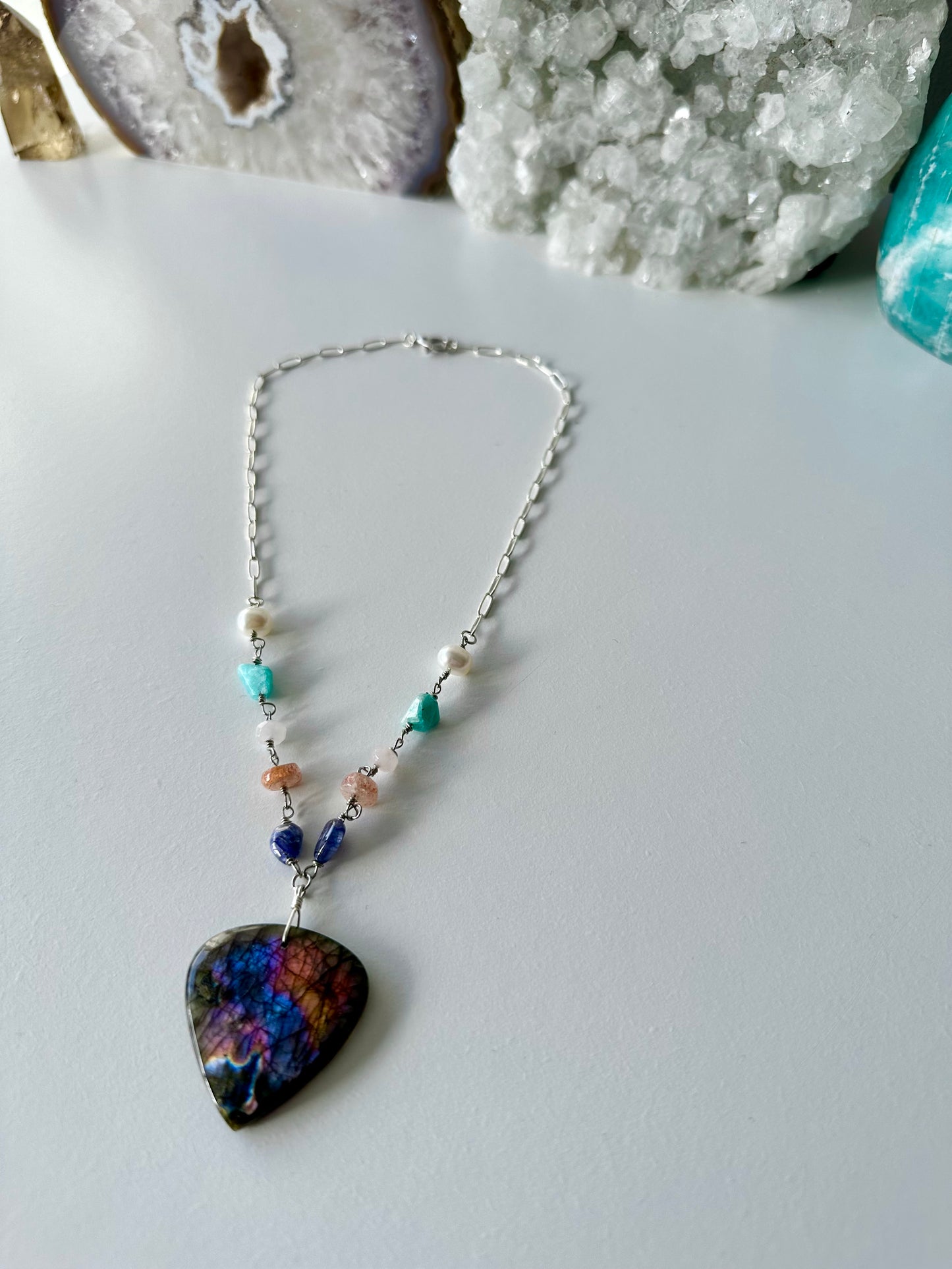 Fleur - Labradorite and Amazonite, Rose Quartz, Sunstone, Tanzanite and Freshwater Pearl Gemstone Necklace