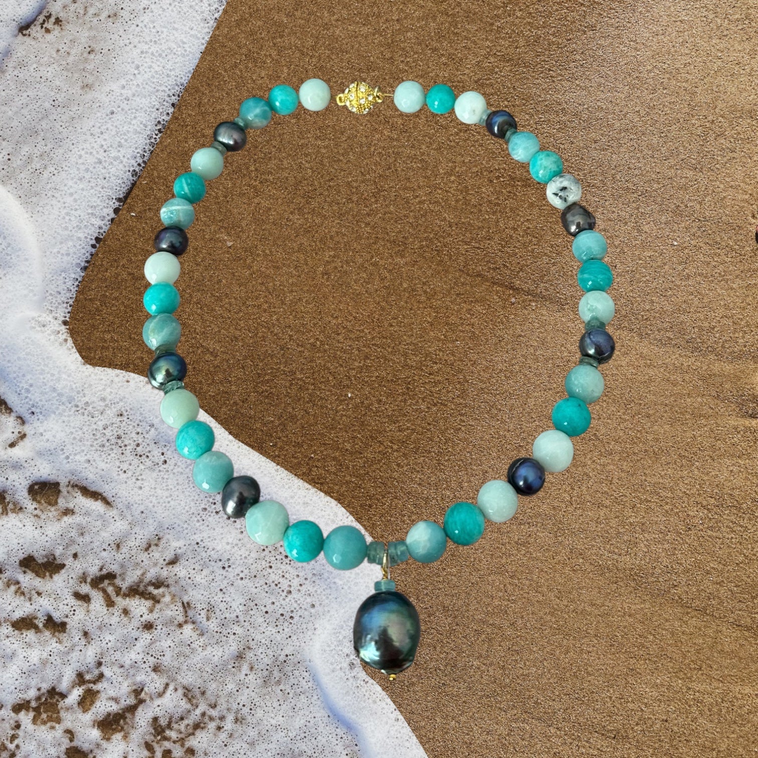 Sea Breeze - Tahitian Black Pearl, Apatite and Amazonite Gemstone Necklace
