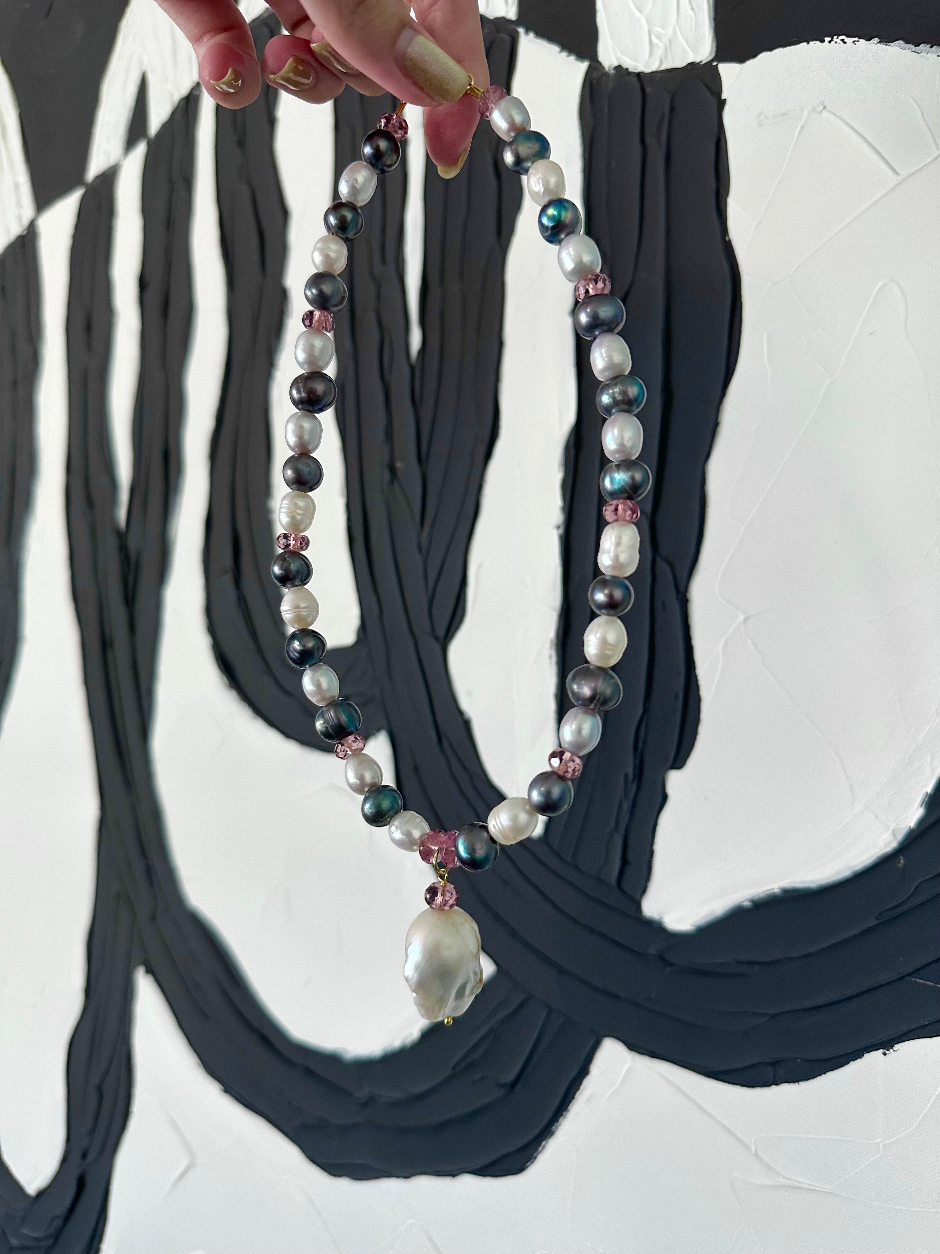 Resort Ready - Tahitian Black Pearl, Freshwater Pearl and Pink Amethyst Gemstone Necklace