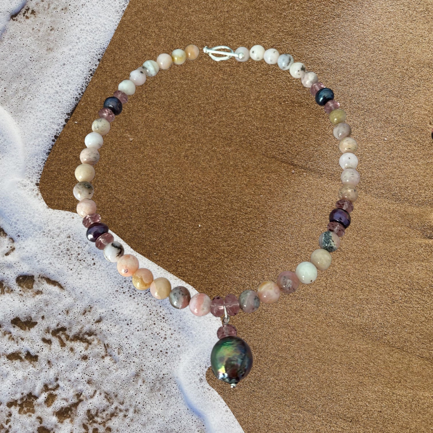 Shell-a-brate - Tahitian Black Pearl, Pink Opal and Pink Amethyst Gemstone Necklace