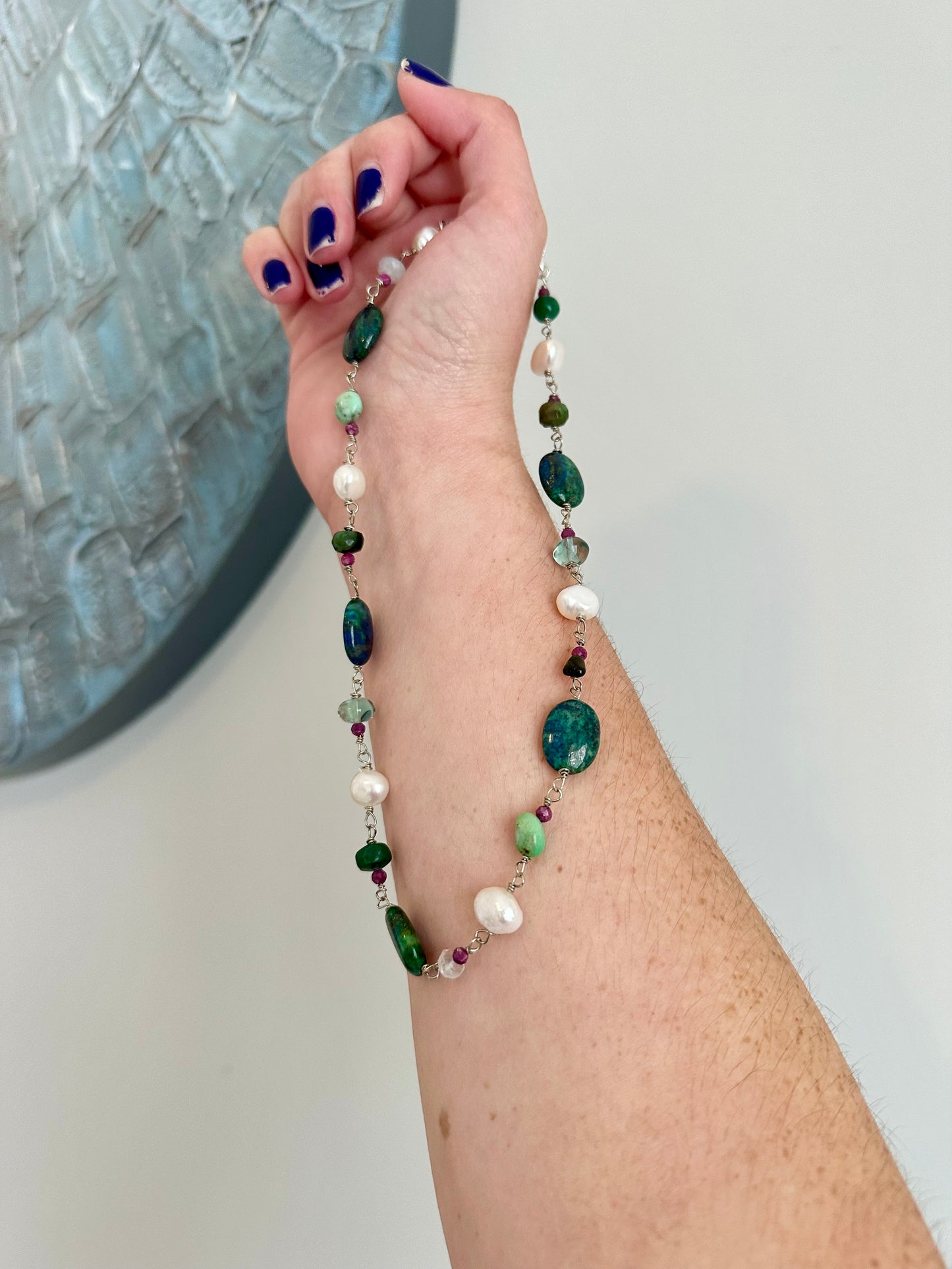 Lilly - Ruby, Malachite, Fluorite, Moonstone, Chrysoprase, Chrysocolla, Tourmaline, Emerald and Freshwater Pearl Gemstone Necklace