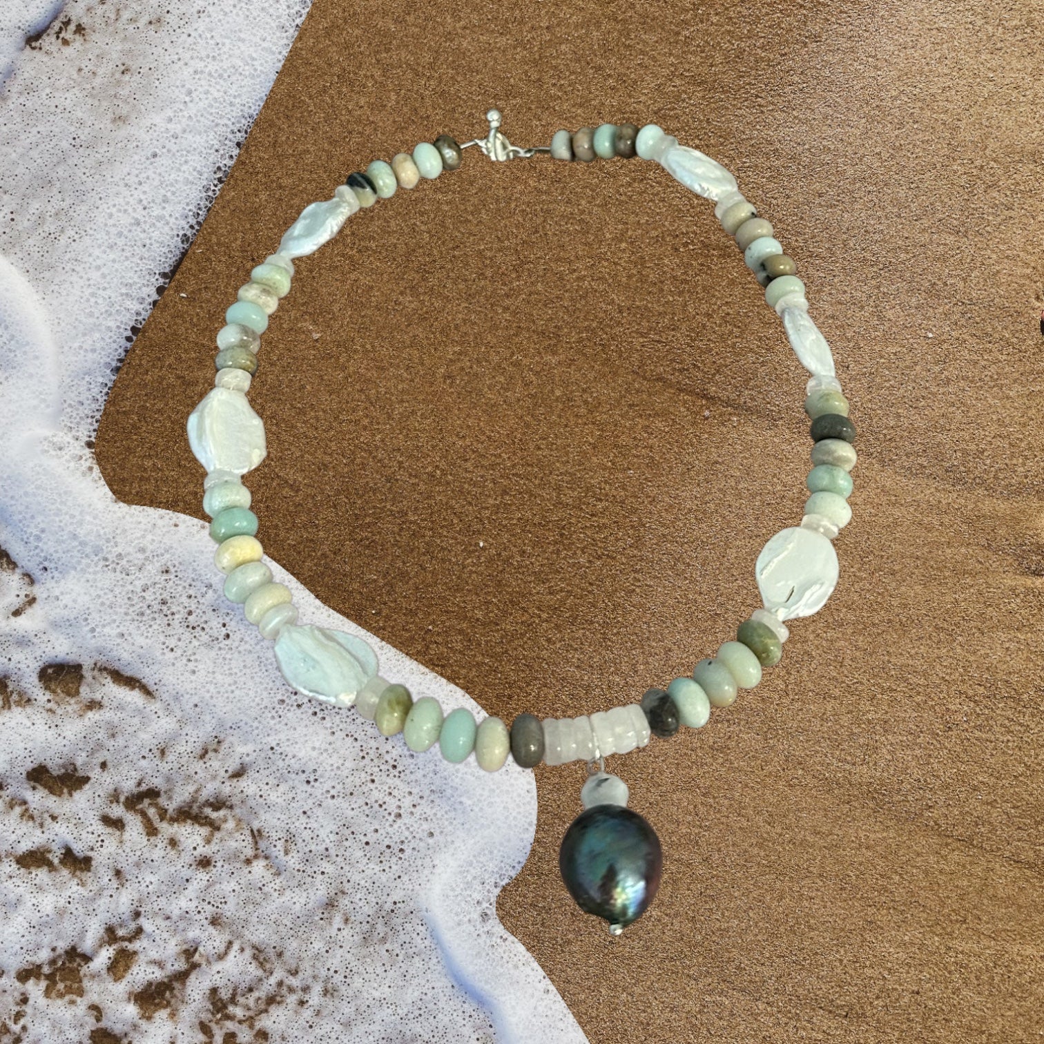 Beach Baby - Freshwater Pearl, Moonstone, Amazonite and Tahitian Black Pearl Gemstone Necklace