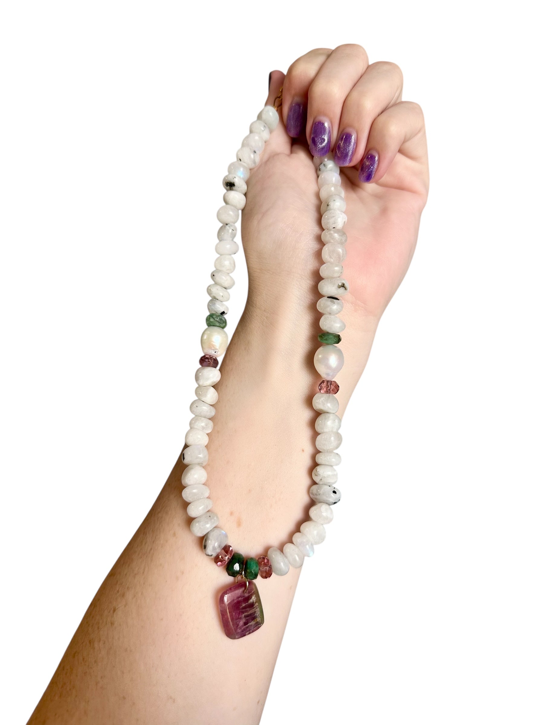 Meet Me at the Orchard Gemstone Necklace - Moonstone, Freshwater Pearl, Emerald, Pink Amethyst and Tourmaline | Handmade Jewelry