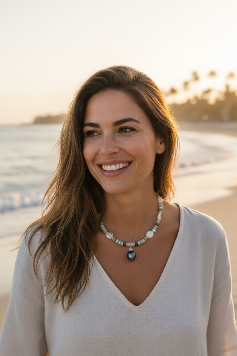 Beach Baby Gemstone Necklace - Freshwater Pearl, Moonstone, Amazonite and Tahitian Black Pearl | Handmade Jewelry