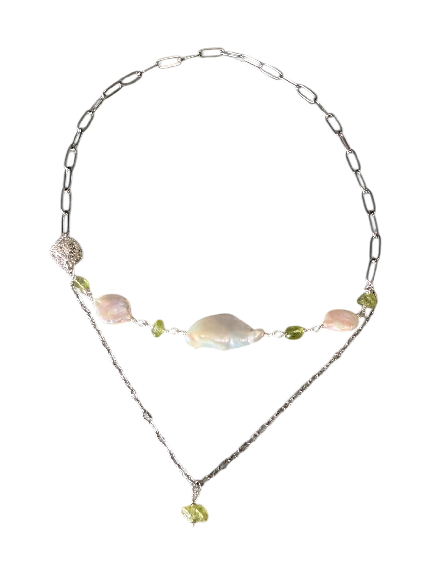 Duality — Handcrafted Double Chain Keishi Pearl & Peridot Necklace