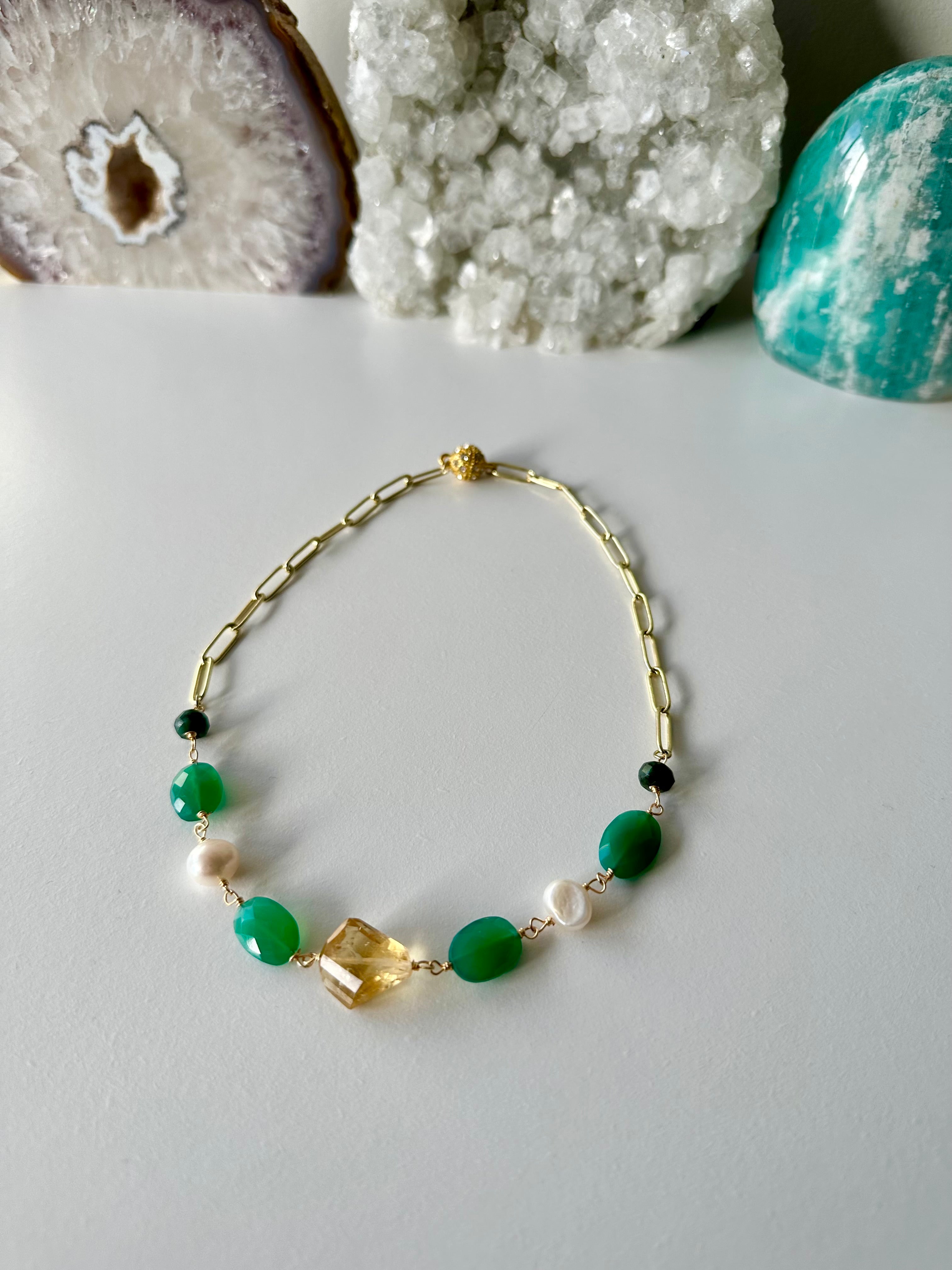Celia - Citrine, Green Onyx, Freshwater Pearl and Emerald Gemstone Paperclip Chain Necklace