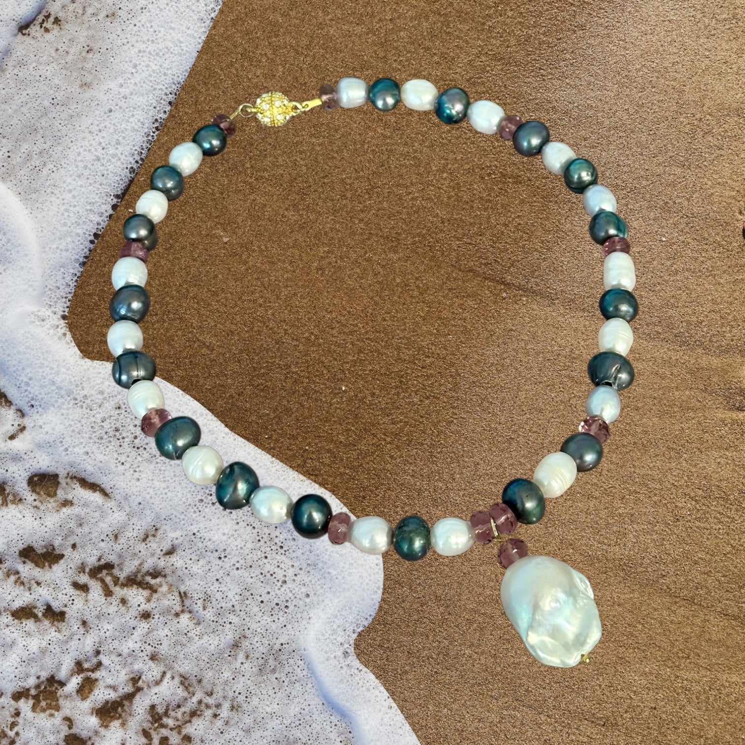 Resort Ready - Tahitian Black Pearl, Freshwater Pearl and Pink Amethyst Gemstone Necklace