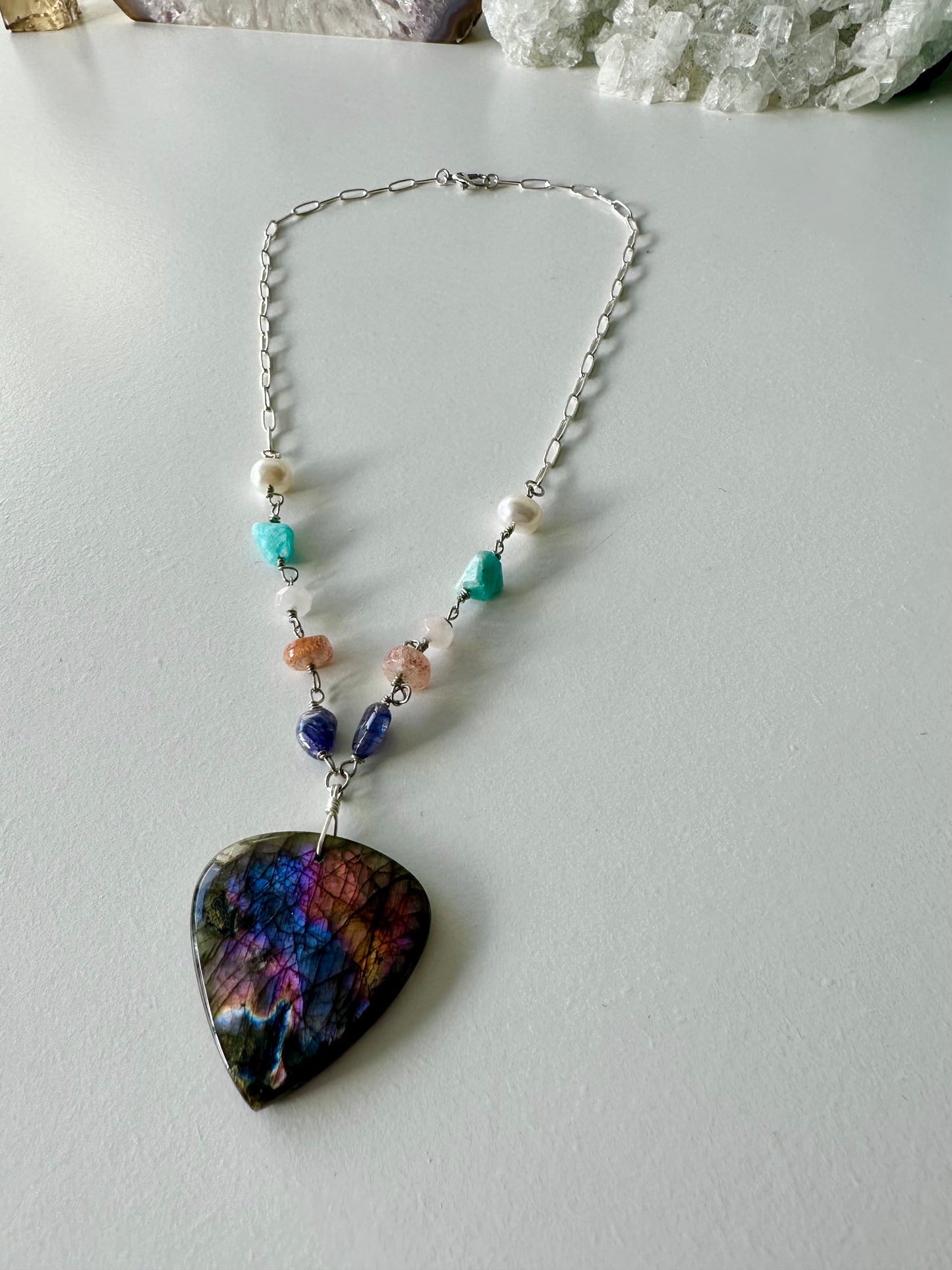 Fleur - Labradorite and Amazonite, Rose Quartz, Sunstone, Tanzanite and Freshwater Pearl Gemstone Necklace