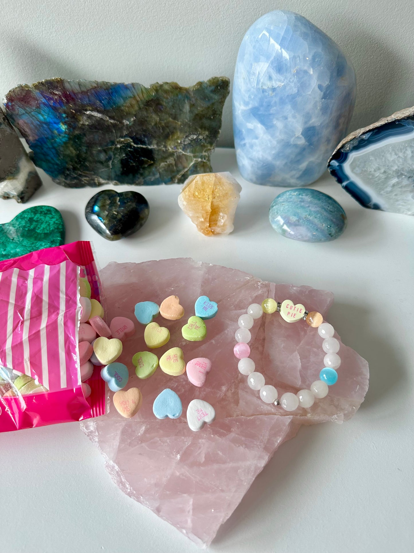 Candy Hearts - Valentine’s Day Candy Hearts and Selenite Gemstone Bracelets