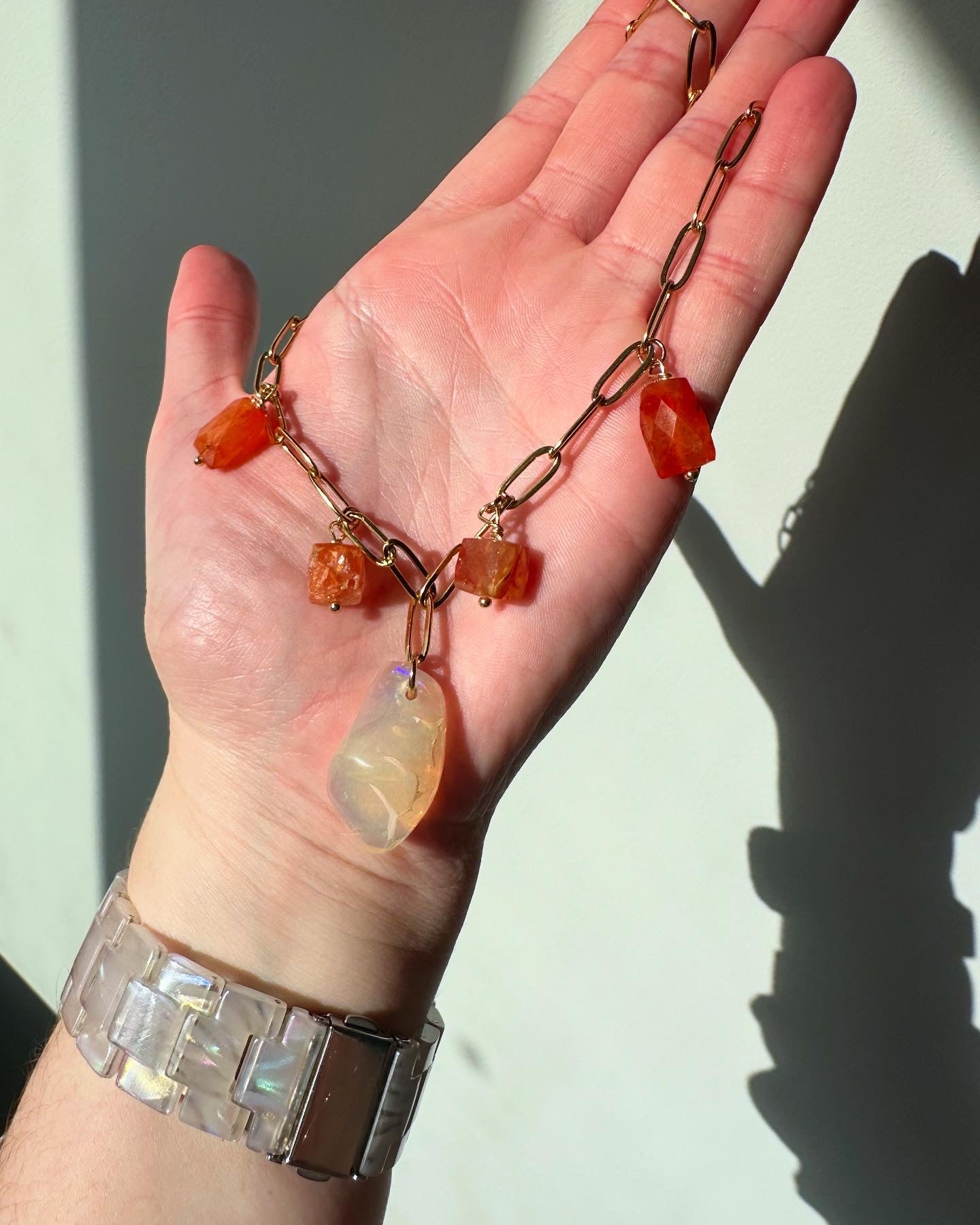 Red Hots - Mexican Fire Opal, Sunstone, Carnelian and Freshwater Pearl Gemstone Paperclip Chain Necklaces