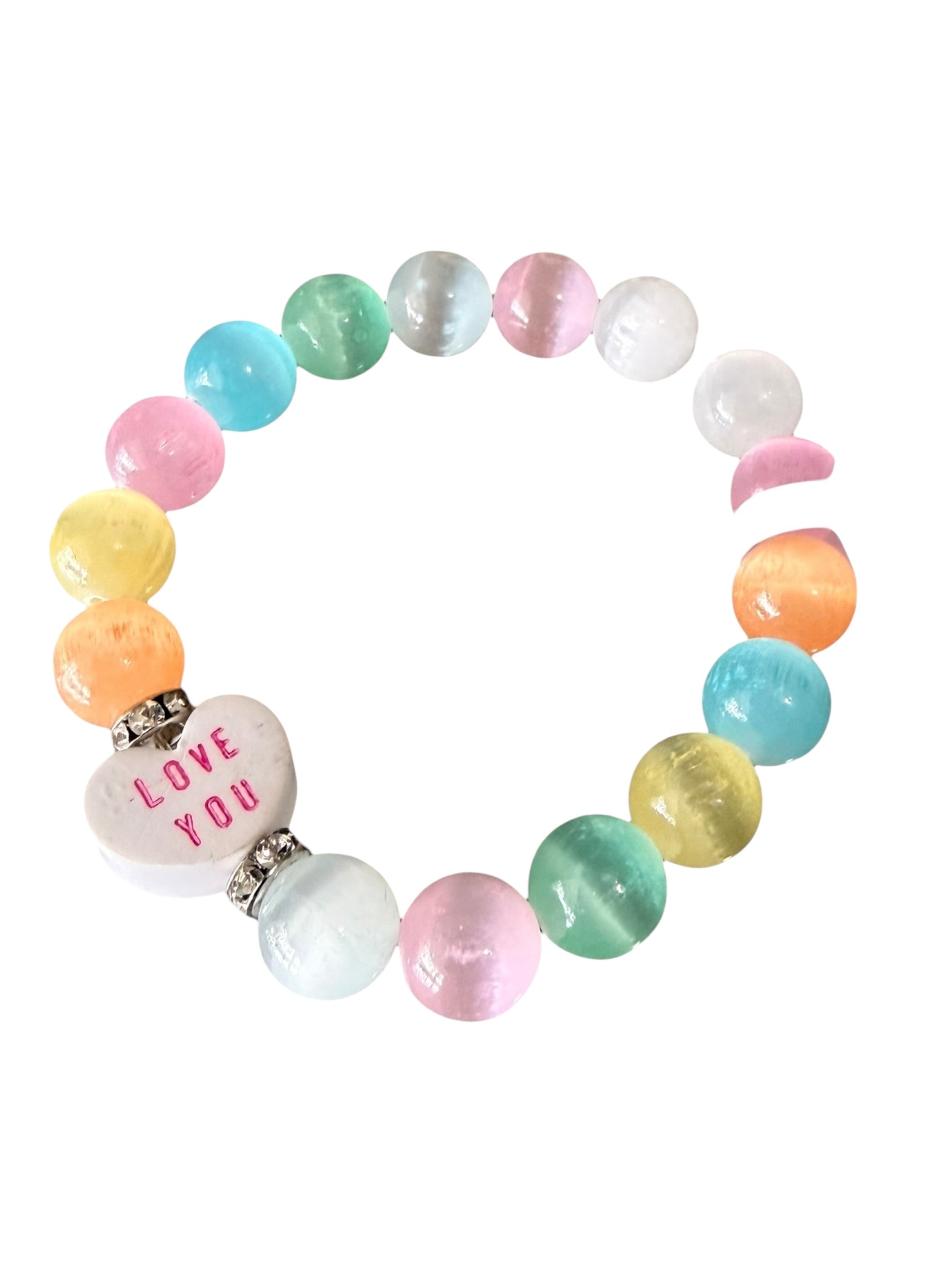 Candy Heart Gemstone Bracelets - Candy Hearts, Rose Quartz and Selenite | Limited Edition Valentine’s Jewelry | Love, Peace and Clarity