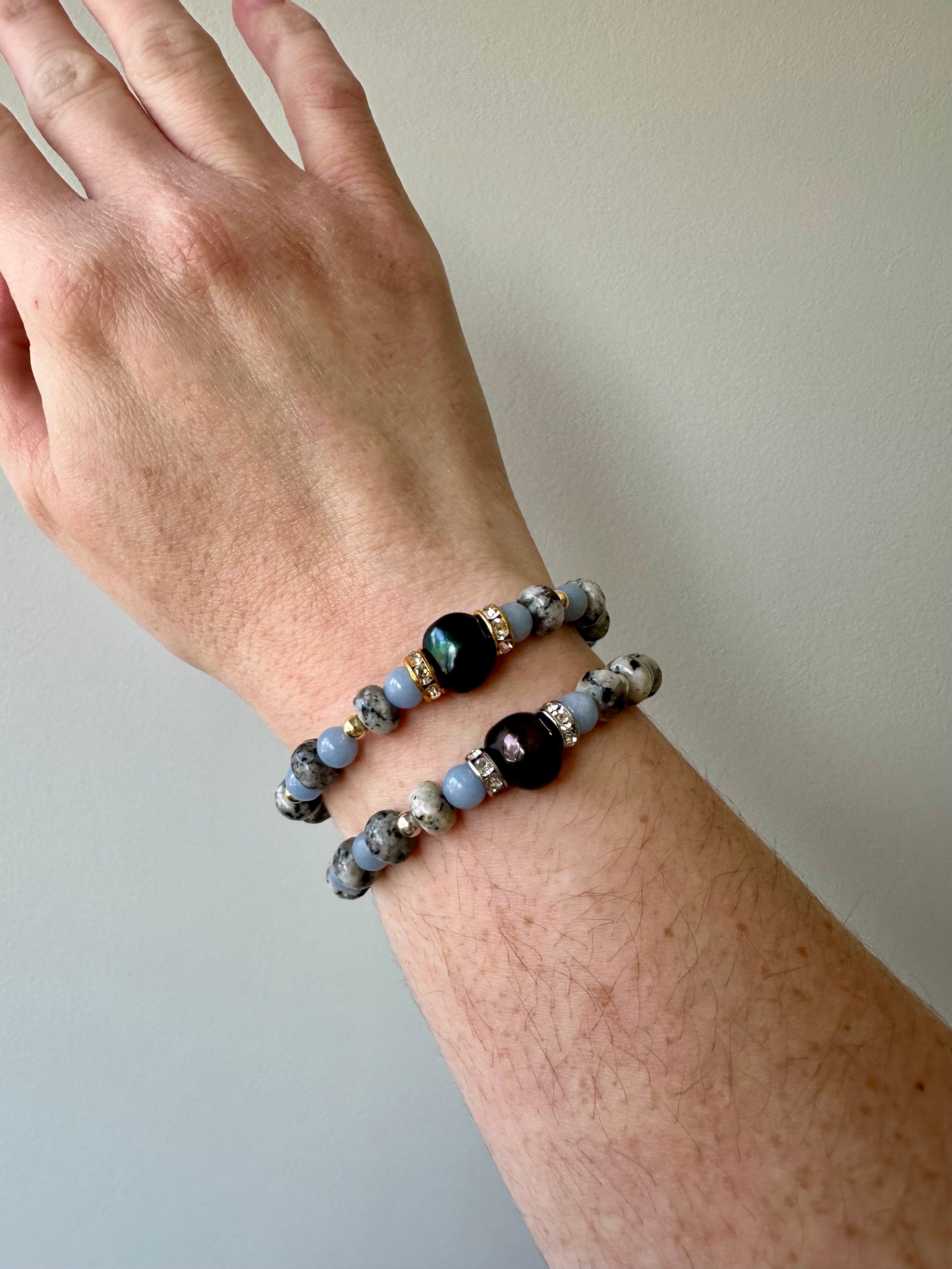 Royal - Black Pearl, Sesame Jasper and Angelite Gemstone Bracelets