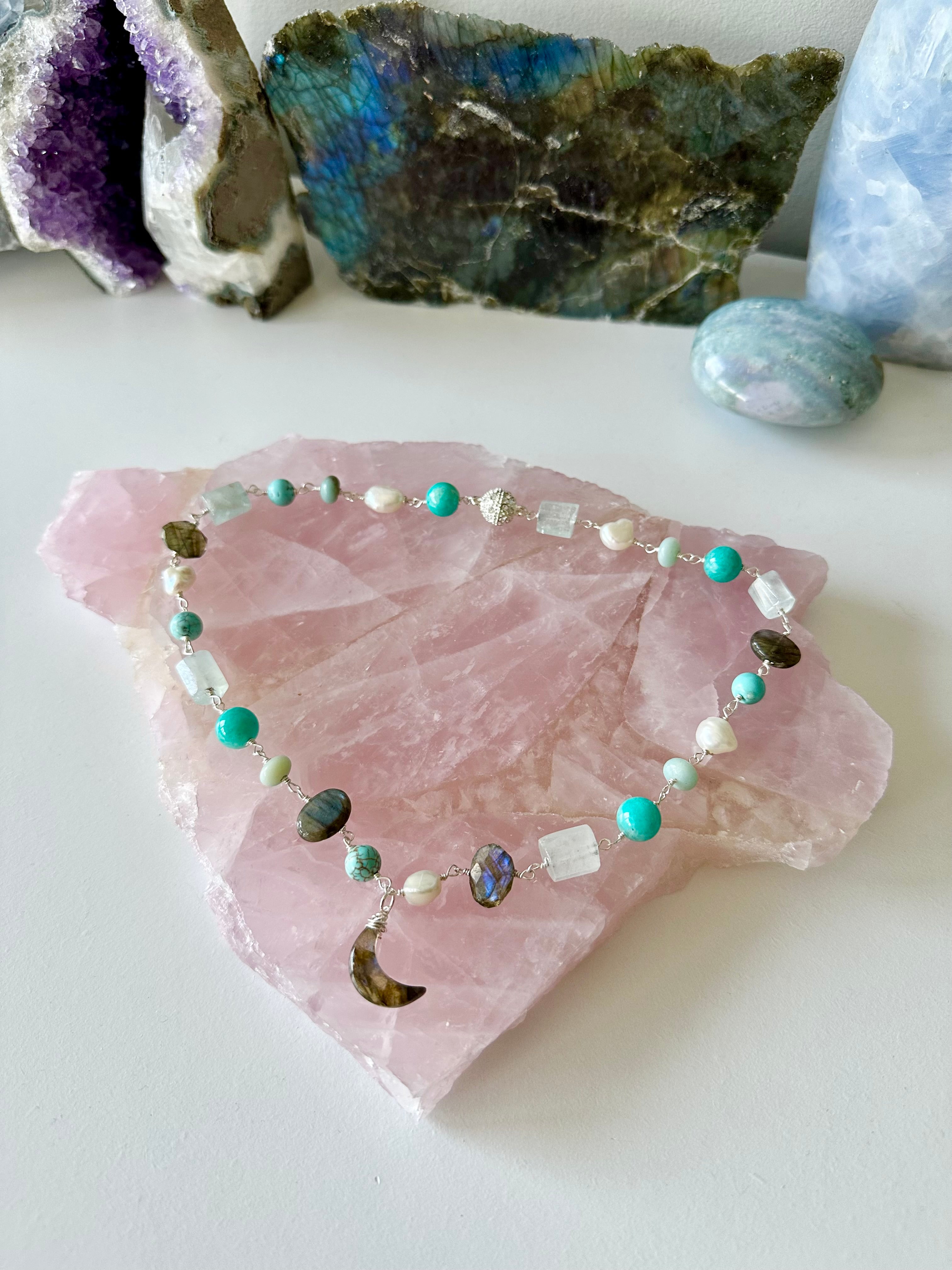 Kaia Gemstone Necklace - Labradorite, Aquamarine, Amazonite, Freshwater Pearl and Turquoise | Handmade Jewelry
