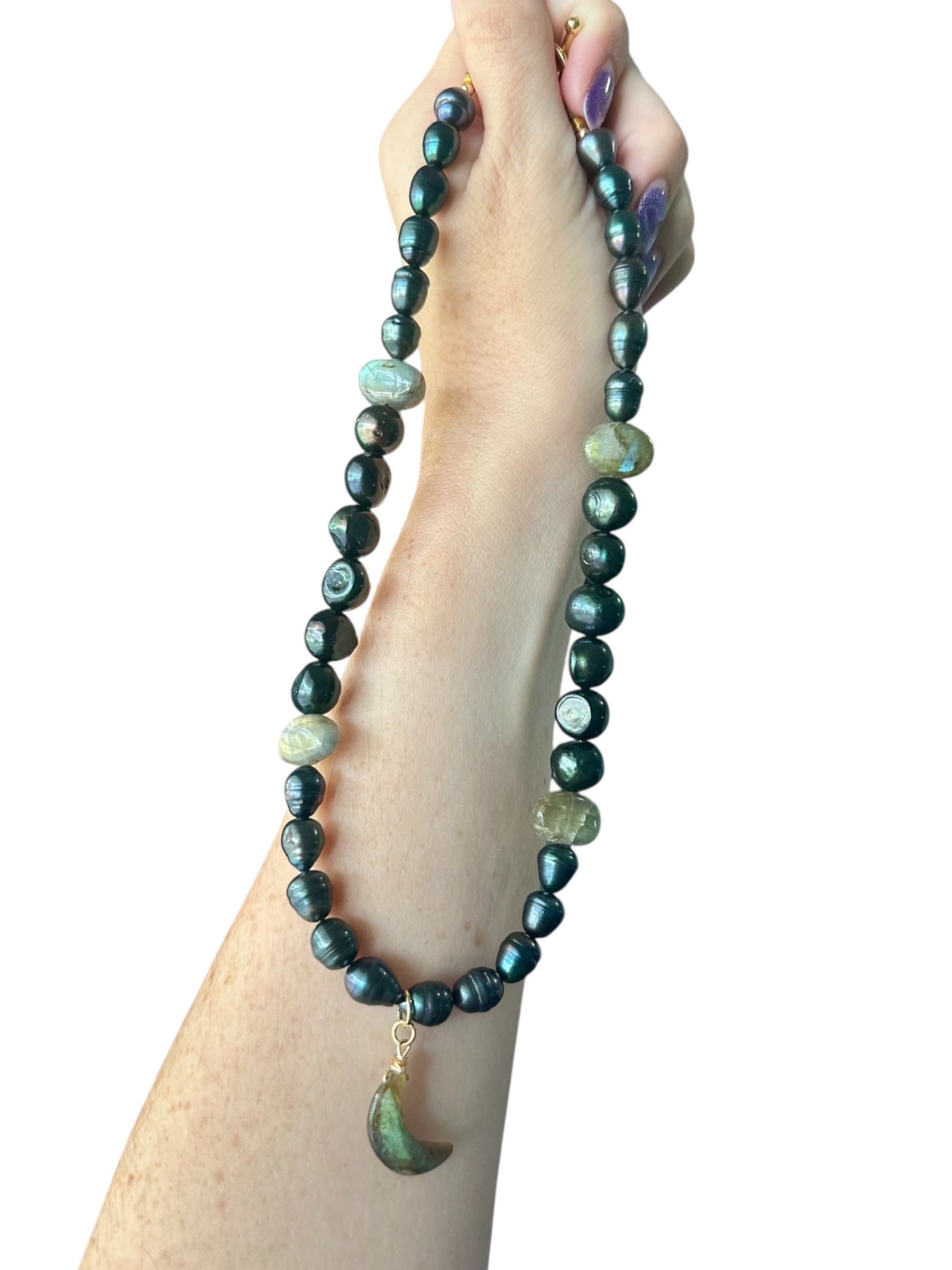 Harvest Moon Gemstone Necklaces - Tahitian Black Pearl, Freshwater Pearl and Labradorite | Handmade Jewelry