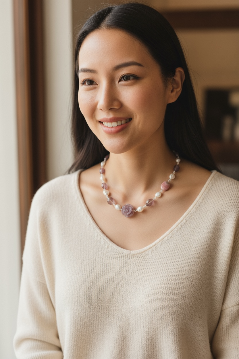 Francesca Gemstone Necklace - Fluorite, Rhodochrosite and Freshwater Pearl | Handmade Jewelry