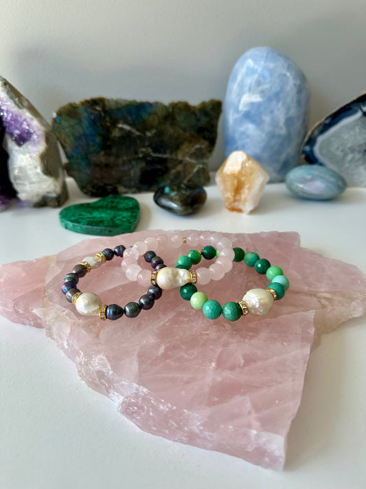 Hailey - Baroque Pearl, Rose Quartz, Chrysoprase and Black Pearl Gemstone Bracelets