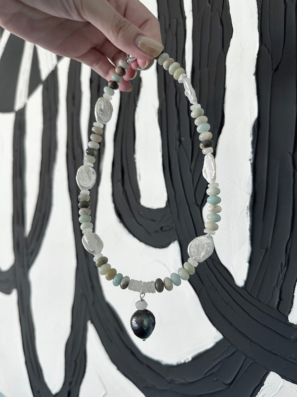 Beach Baby - Freshwater Pearl, Moonstone, Amazonite and Tahitian Black Pearl Gemstone Necklace