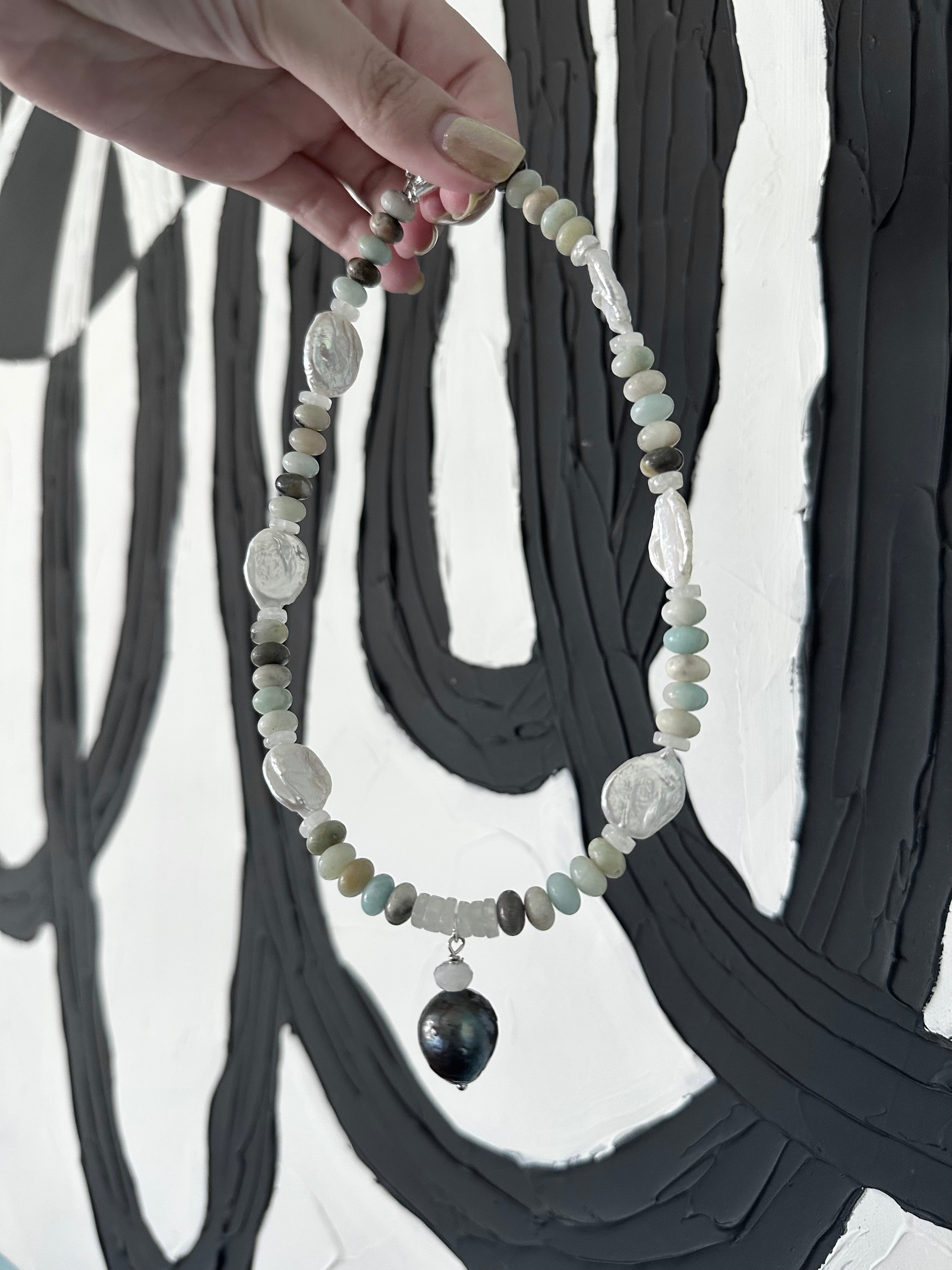 Beach Baby - Freshwater Pearl, Moonstone, Amazonite and Tahitian Black Pearl Gemstone Necklace