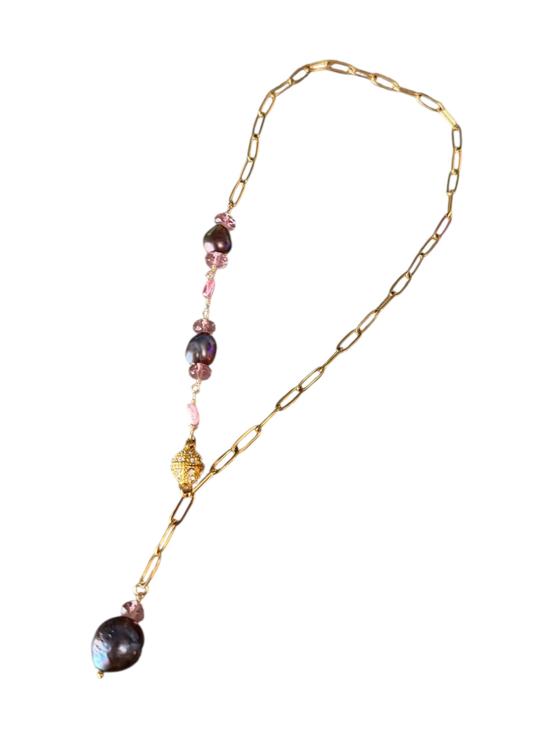 Eloise Gemstone Necklace - Cascading Pearl and Paperclip Chain Lariat Necklace | Trust, Wisdom and Peace