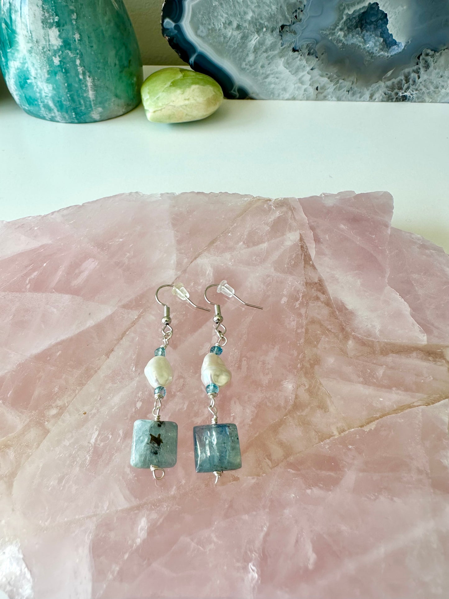 Riley - Freshwater Pearl, Blue Topaz and Kyanite Gemstone Earrings