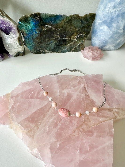 Flamingo - Rhodochrosite, Pink Opal and Rose Quartz Gemstone Necklace