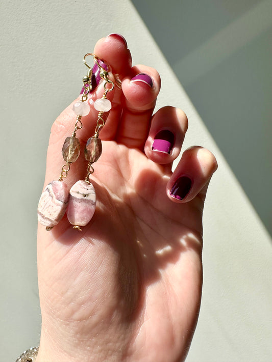 Penelope - Rhodochrosite, Rose Quartz and Smoky Quartz Gemstone Earrings