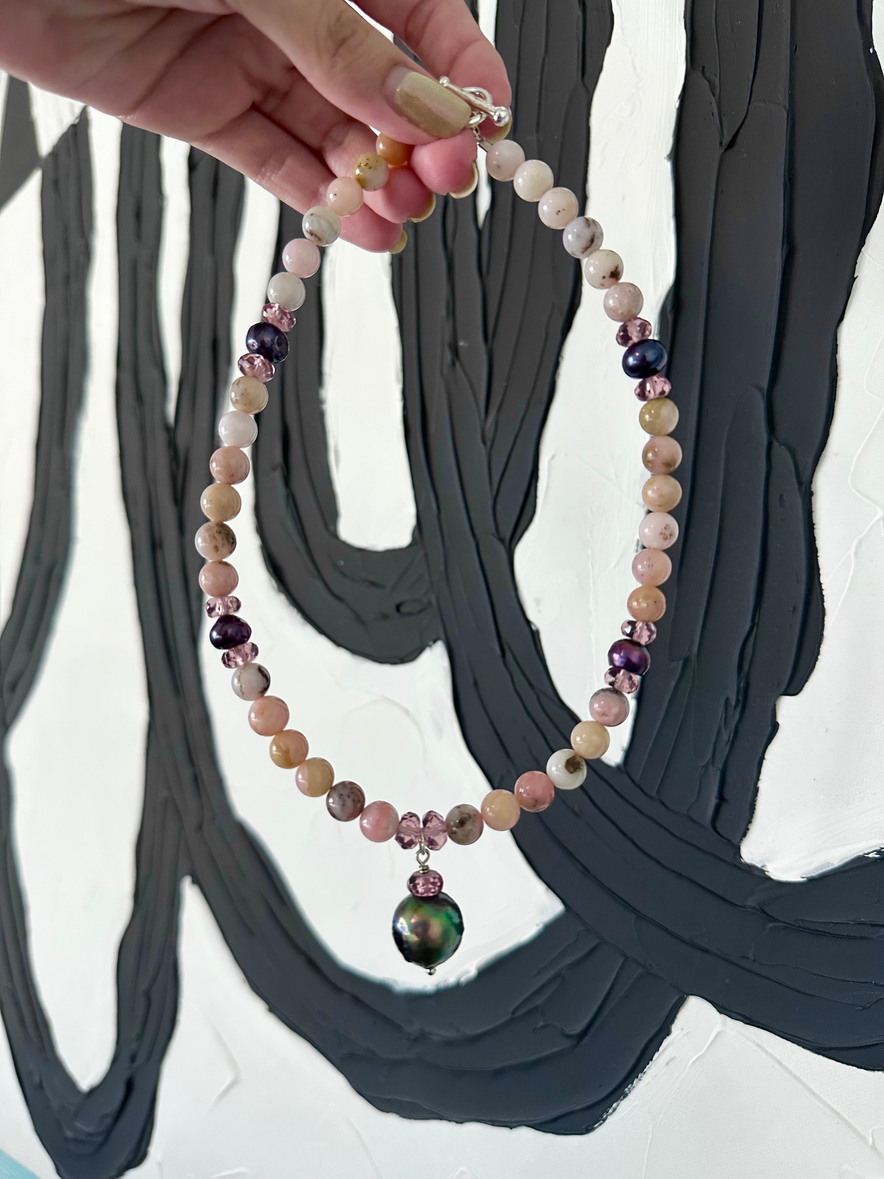 Shell-a-brate - Tahitian Black Pearl, Pink Opal and Pink Amethyst Gemstone Necklace