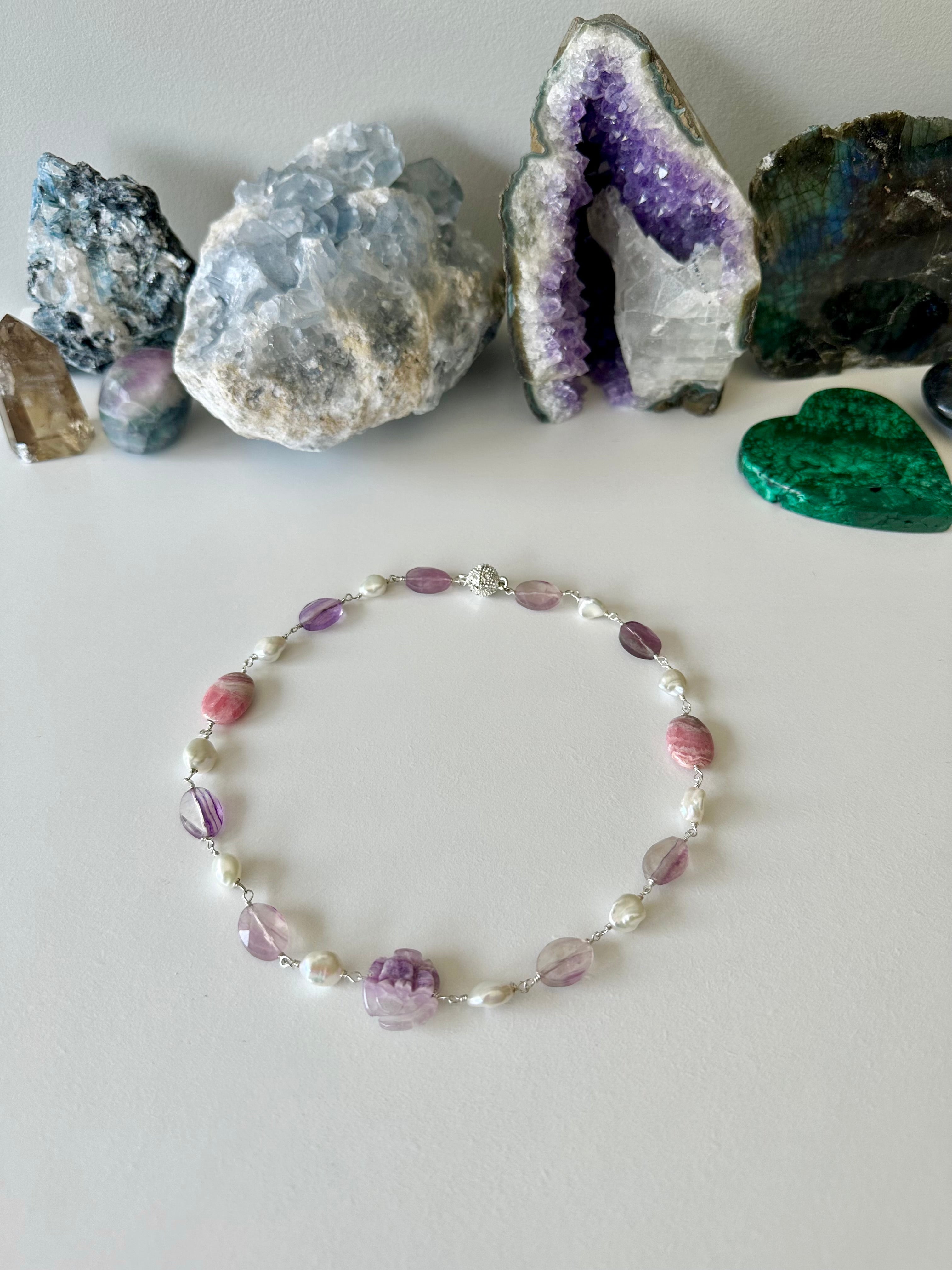 Francesca Gemstone Necklace - Fluorite, Rhodochrosite and Freshwater Pearl | Handmade Jewelry