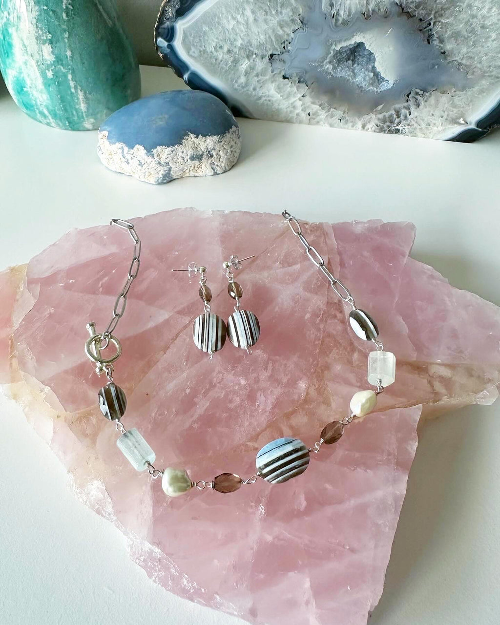 Maxine - Owyhee Blue Opal, Aquamarine, Smoky Quartz and Freshwater Pearl Gemstone Paperclip Chain Necklace and Earrings