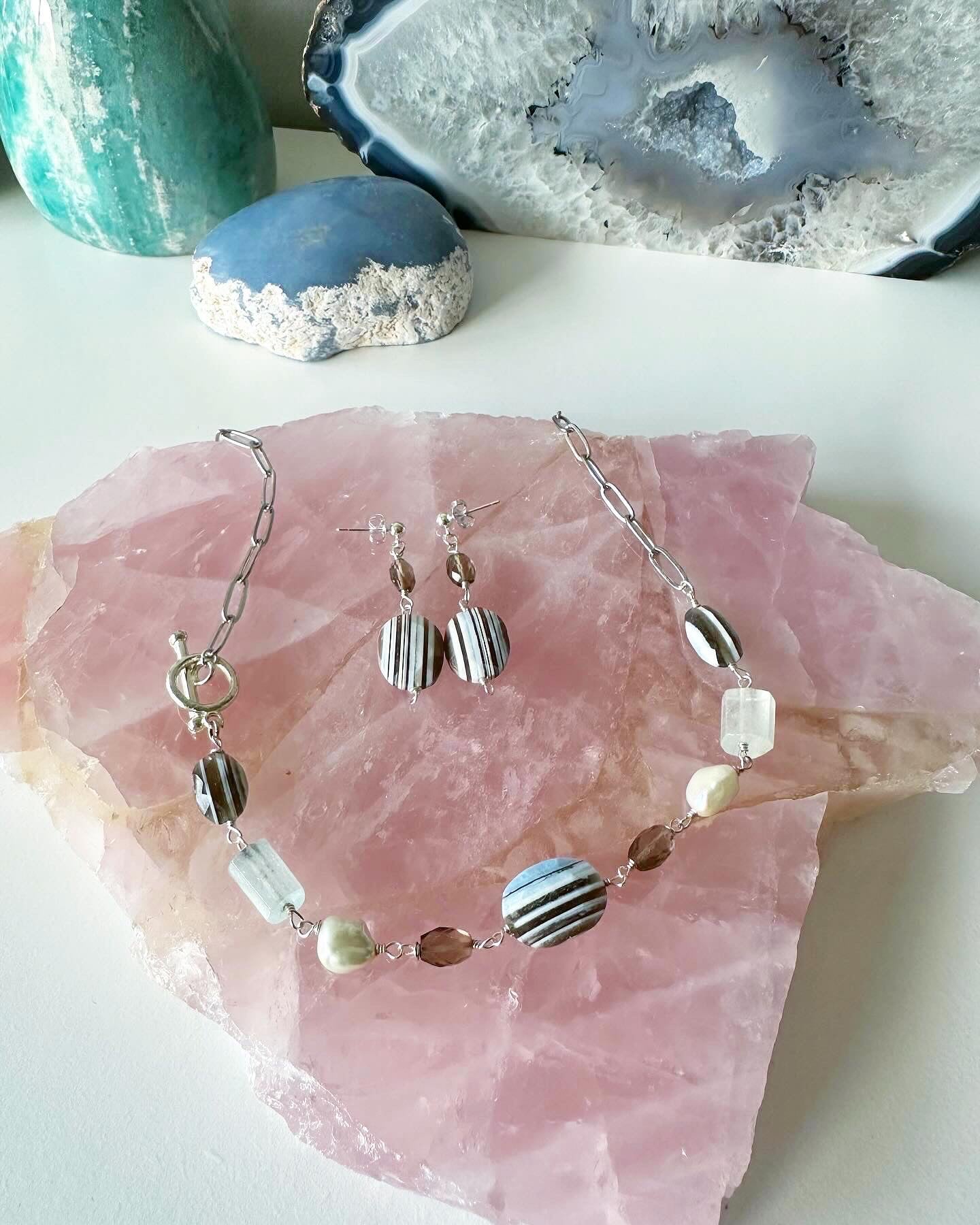 Maxine - Owyhee Blue Opal, Aquamarine, Smoky Quartz and Freshwater Pearl Gemstone Paperclip Chain Necklace and Earrings