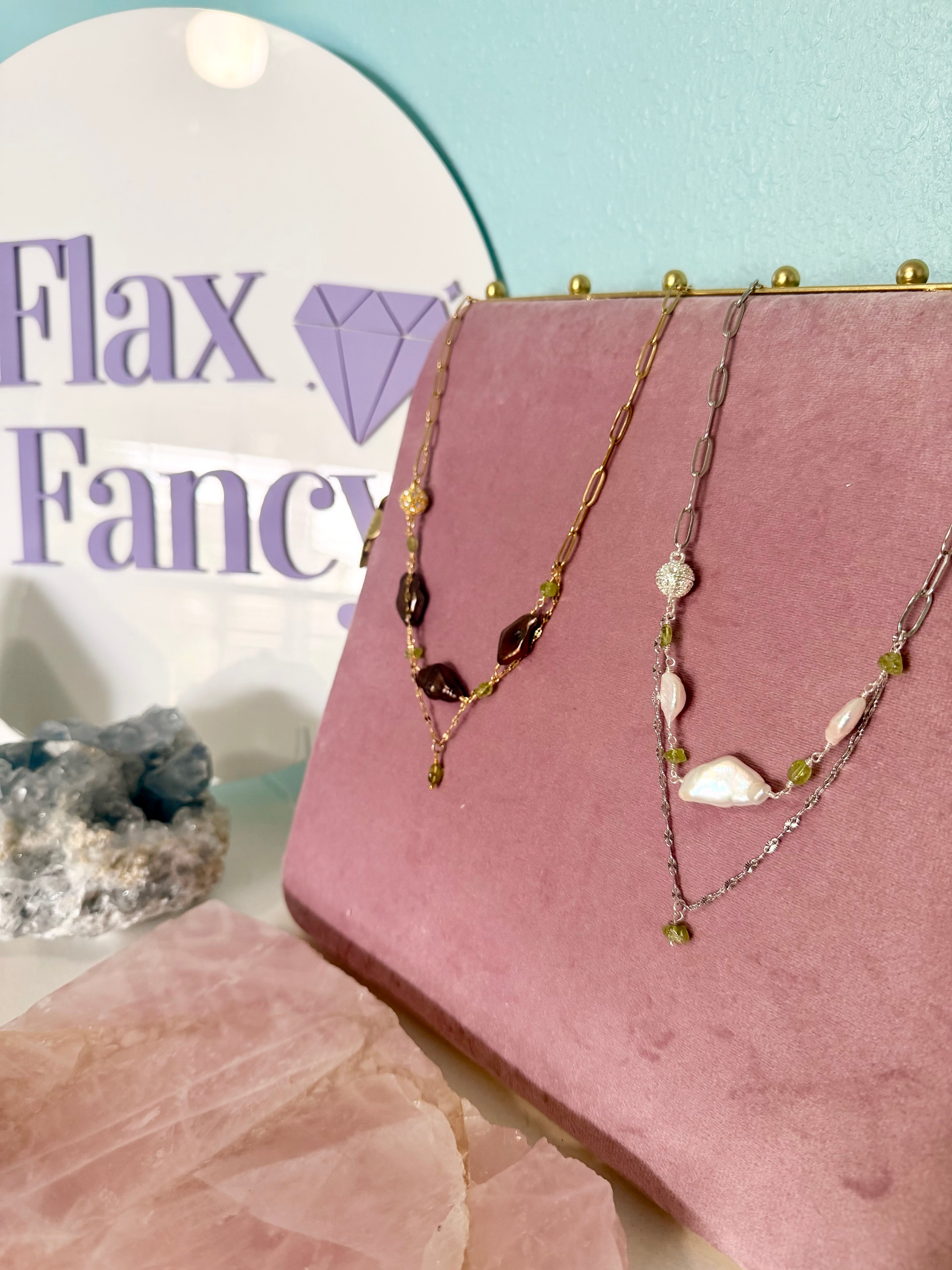 Duality — Handcrafted Double Chain Keishi Pearl & Peridot Necklace