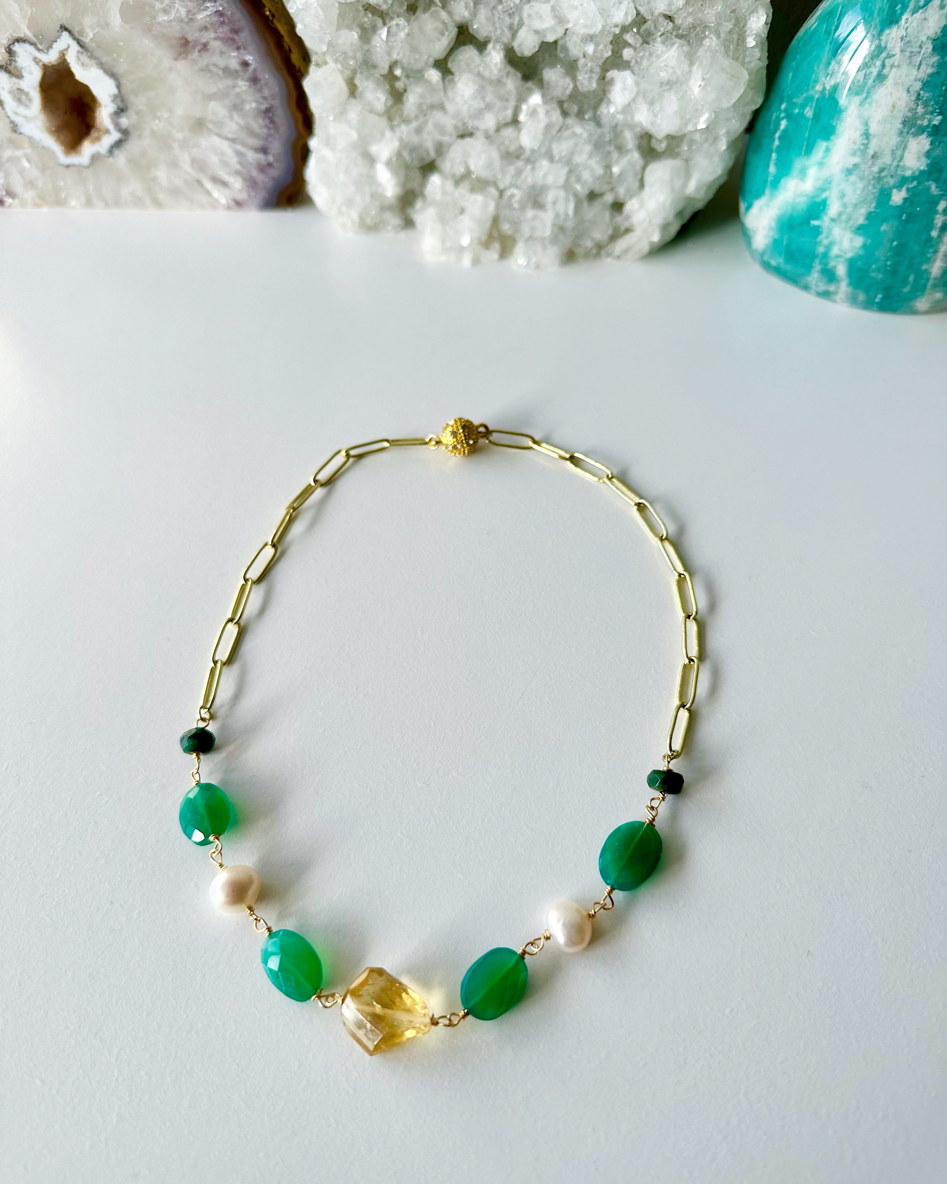 Celia - Citrine, Green Onyx, Freshwater Pearl and Emerald Gemstone Paperclip Chain Necklace