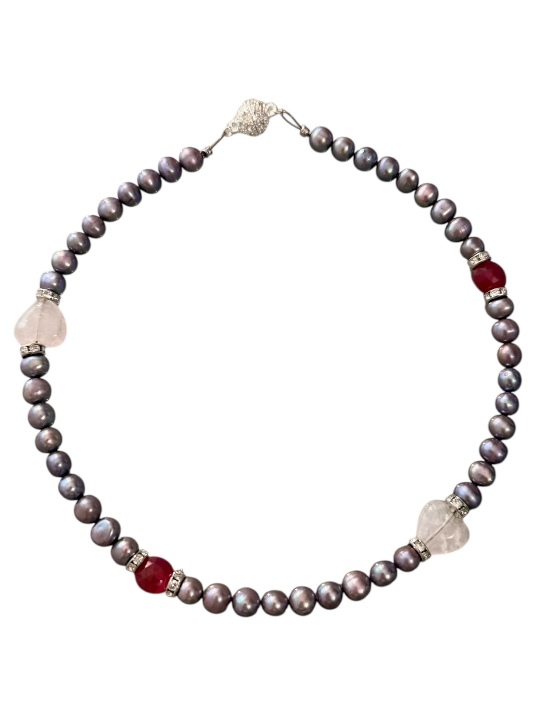 Sweetheart Gemstone Necklace - Rose Quartz Hearts, Ruby and Purple Freshwater Pearls | Limited Edition Valentine’s Jewelry | Love, Passion and Wisdom