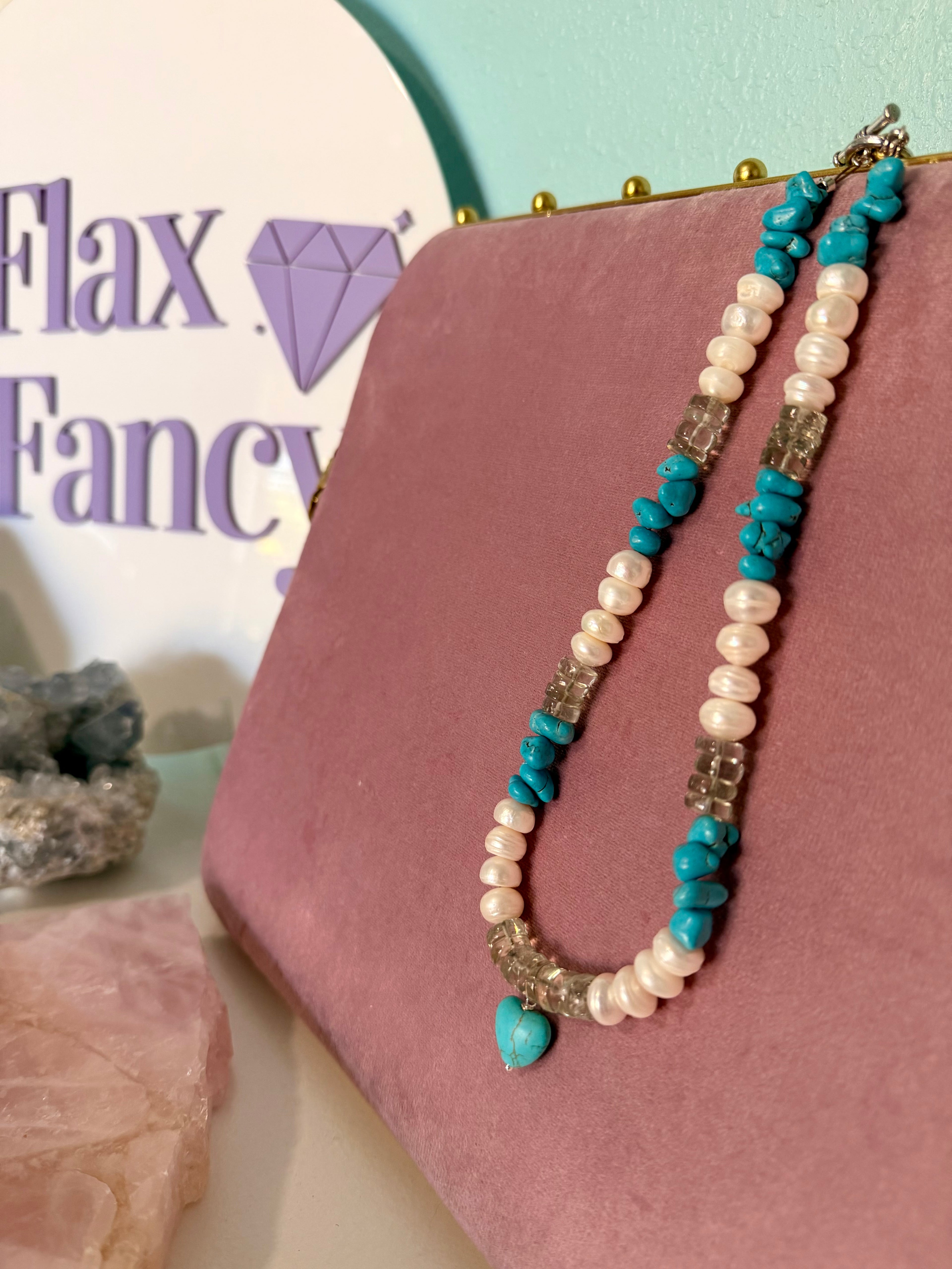 Devotion Gemstone Necklace - Turquoise, Freshwater Pearl and Green Amethyst | Limited Edition Valentine’s Jewelry | Wisdom, Peace and Protection